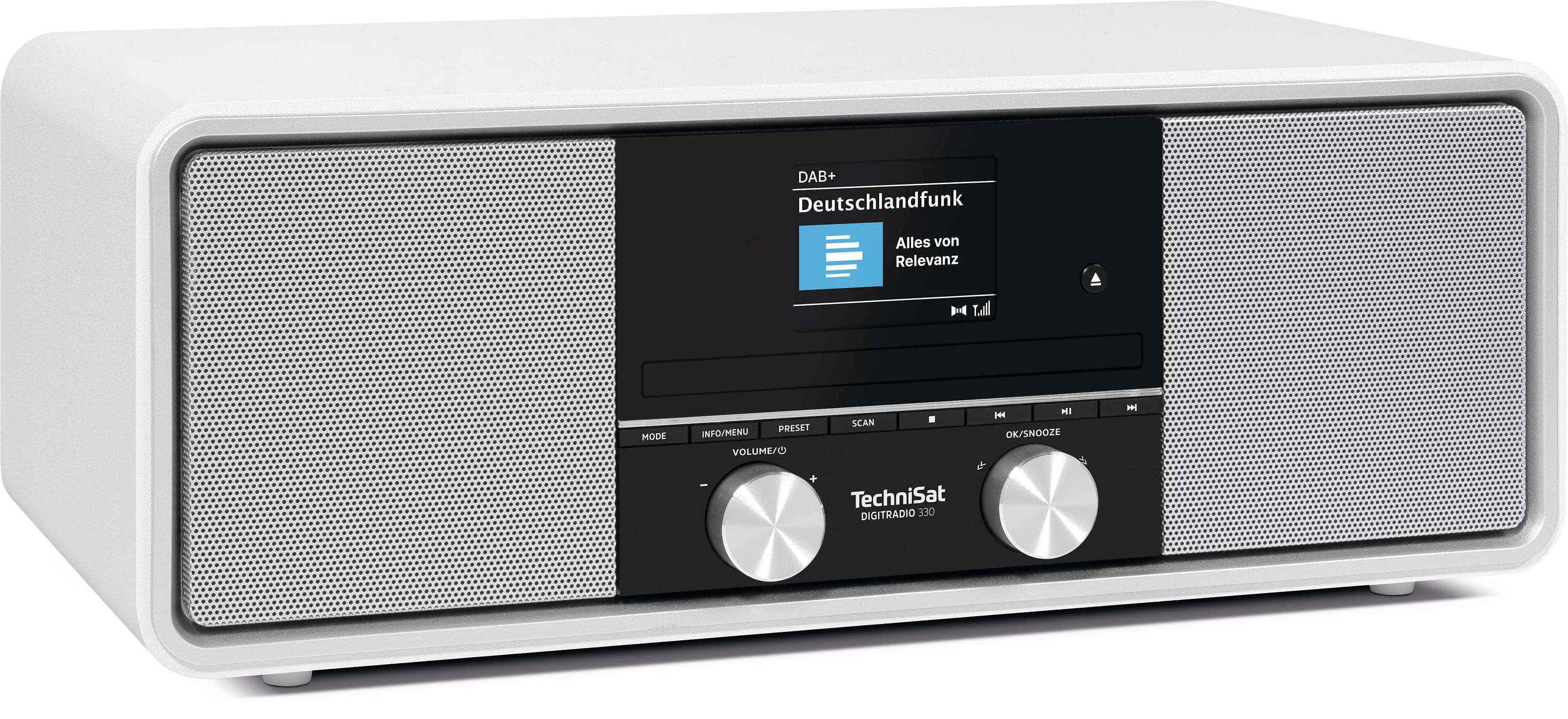 Ein weißes TechniSat Digitalradio mit silbernen Knöpfen und einem Bildschirm.