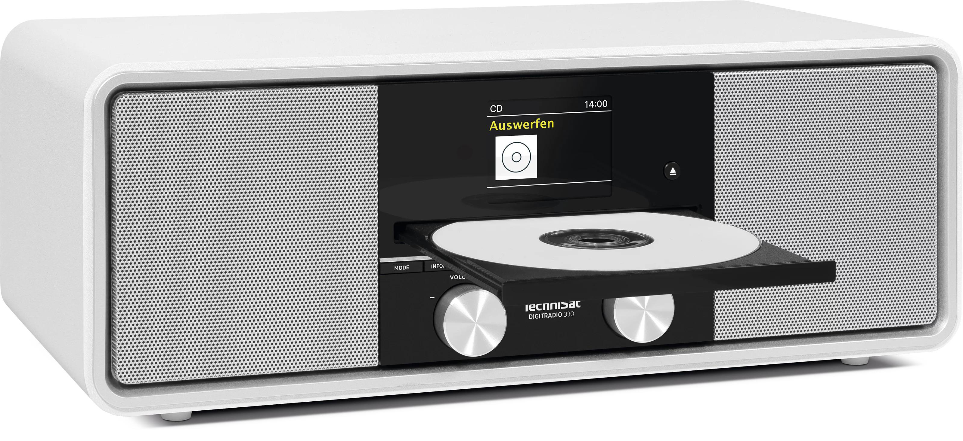 Ein weißes Digitalradio mit ausgefahrenem CD-Schacht und eingelegter CD.
