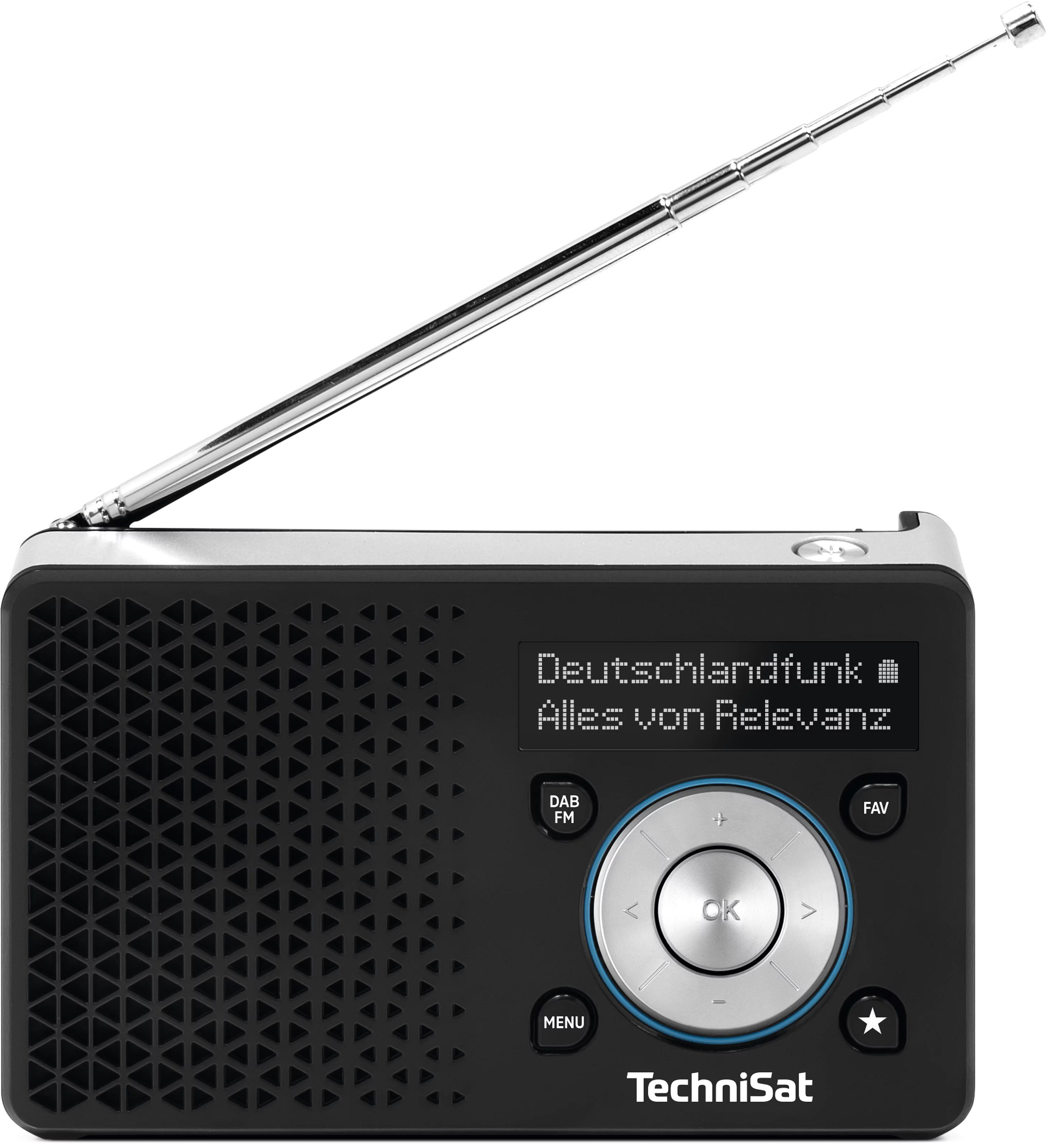 Ein schwarzer TechniSat Digitalradio mit ausgefahrenem Antenne.