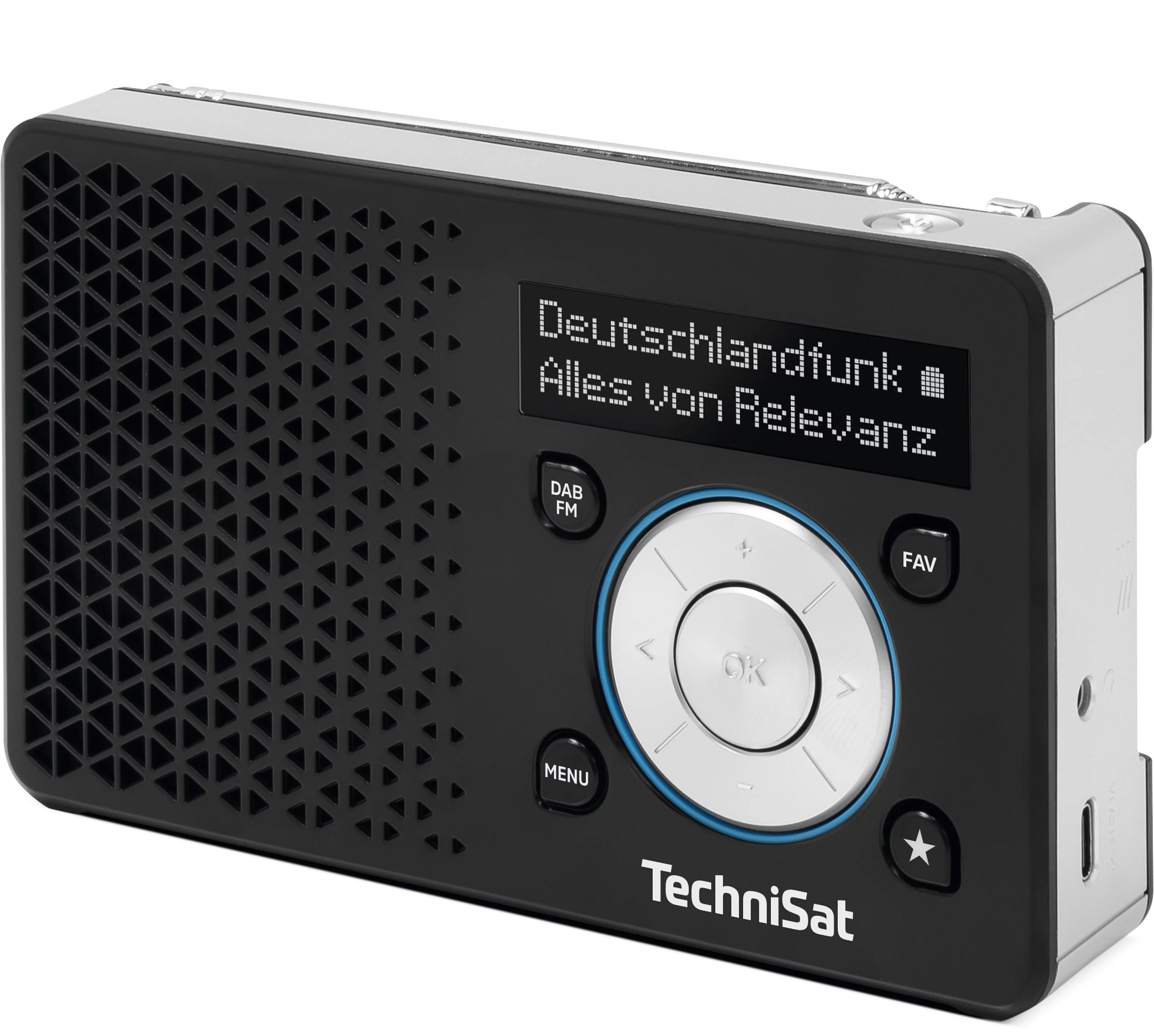 Ein schwarzer TechniSat Digitalradio mit silbernen Akzenten und einem Display.