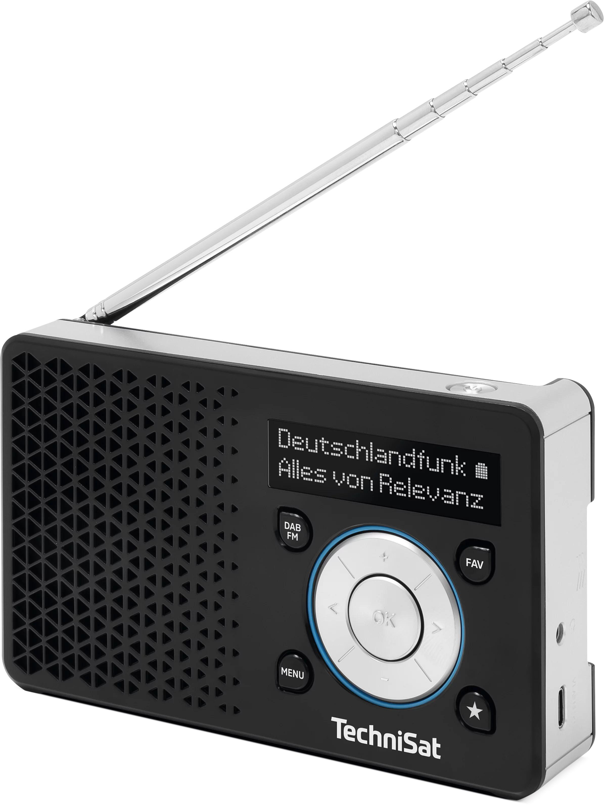Ein schwarzes TechniSat Radio mit ausgefahrenem Antennenstab. Anzeige zeigt 'Deutschlandfunk'.