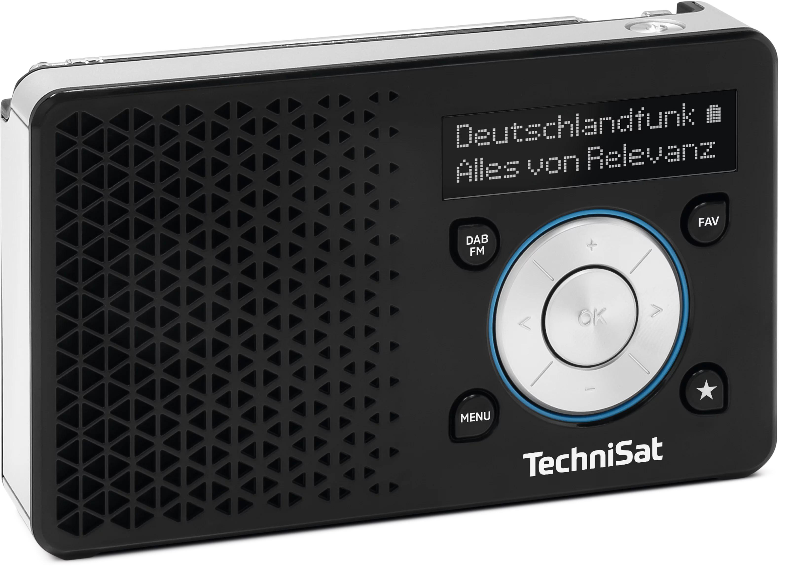 Ein schwarzes TechniSat Digitalradio mit silbernen Bedienelementen und Display.