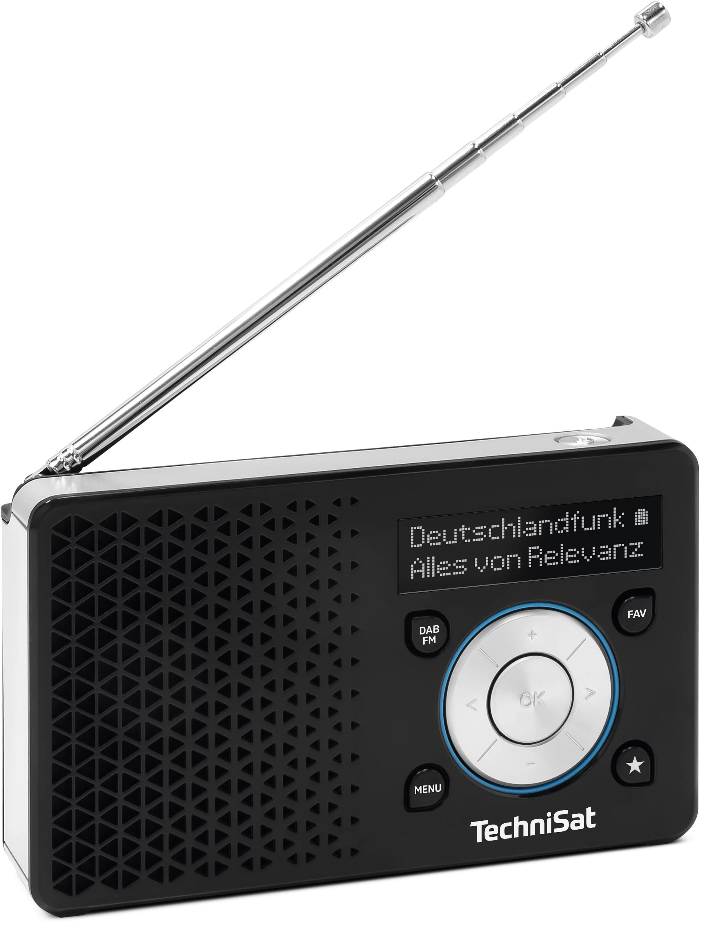 Ein schwarzes TechniSat Radio mit ausgefahrenem Antennenstab und Display.