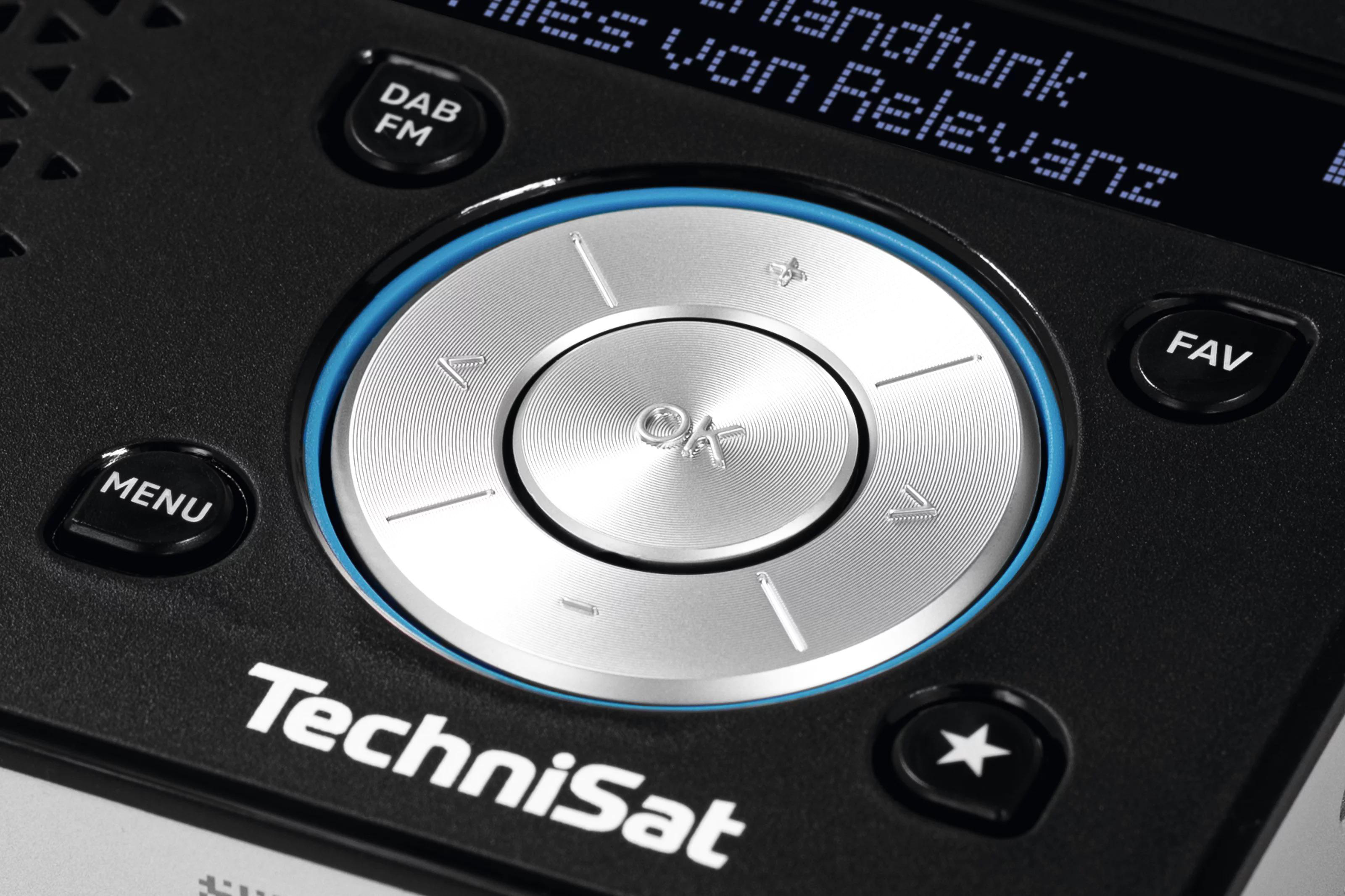 DAB/FM-Knopf, Menü, Favoriten-Taste und silbernes Drehrad auf schwarzem TechniSat-Radio.