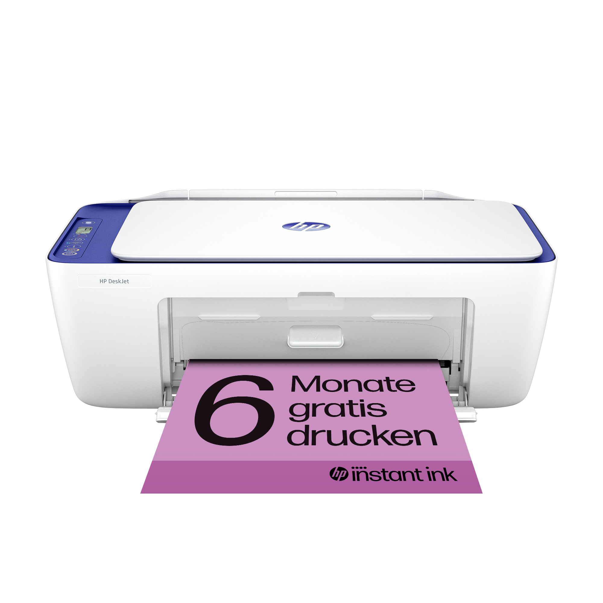 Ein weißer HP DeskJet Drucker mit blauer Oberseite druckt ein violettes Blatt.