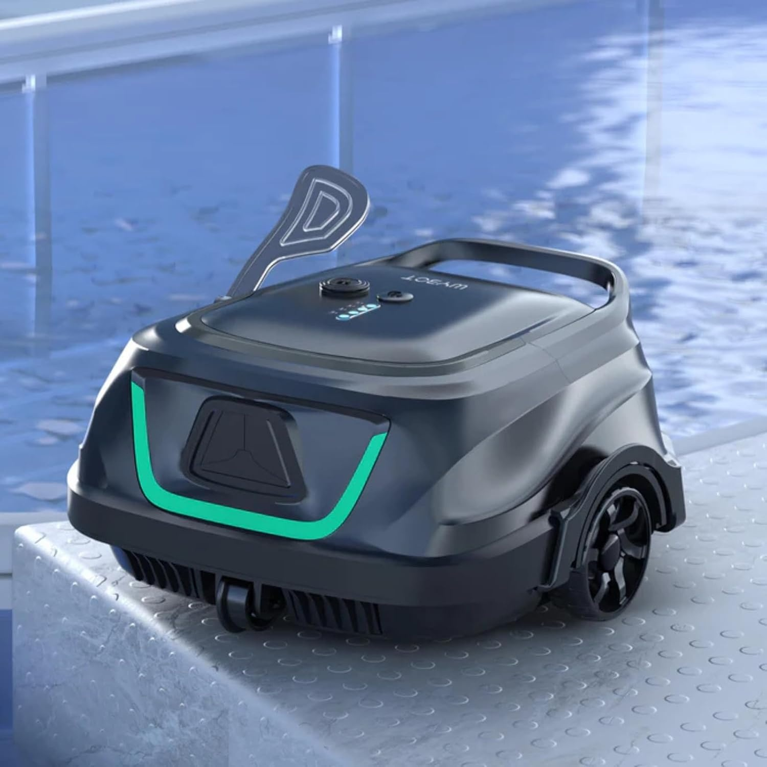 Un robot per piscina nero con accenti verdi è sul bordo della piscina.