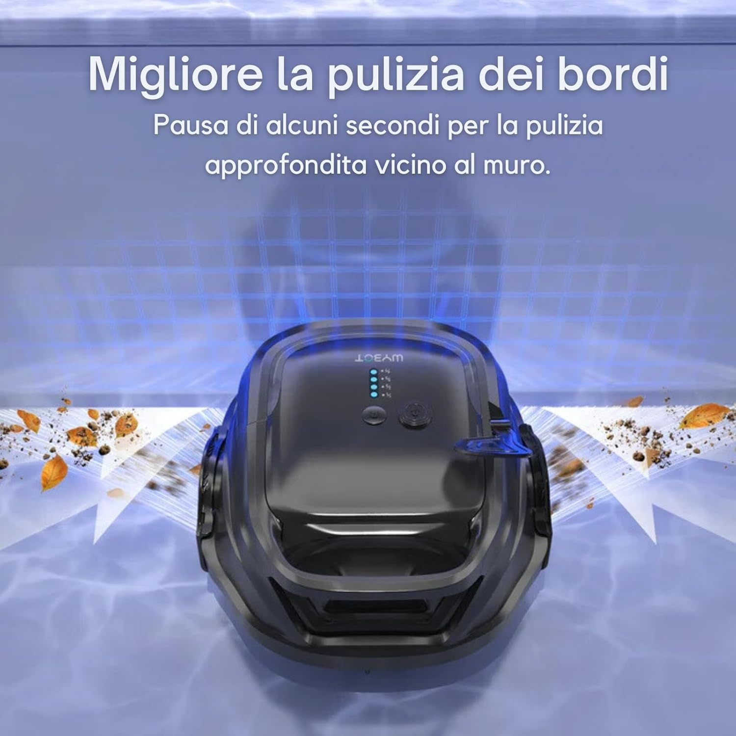 Un robot aspirapolvere nero pulisce vicino a un muro. Piccoli detriti volano.