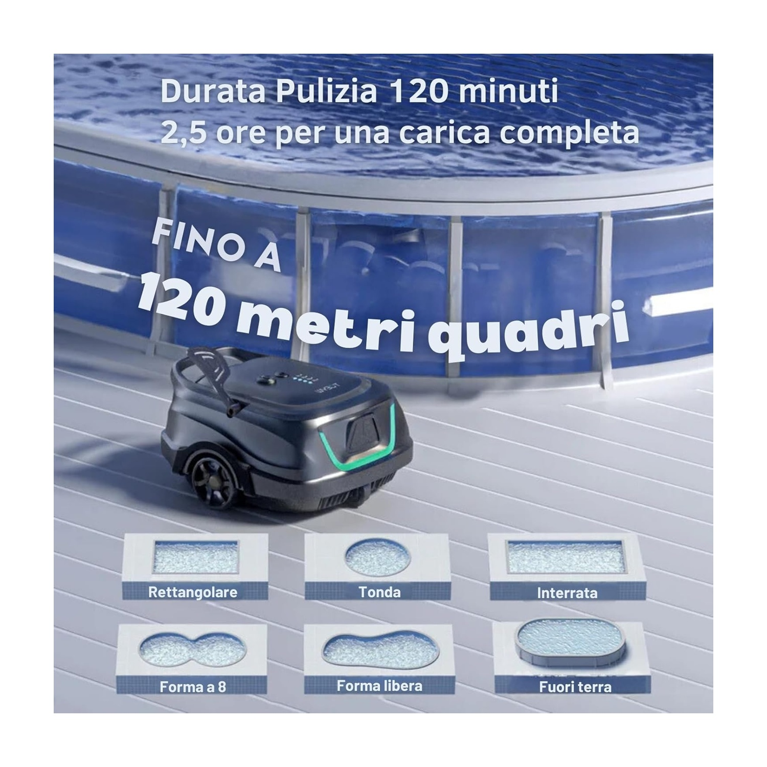 Un pulitore per piscine fino a 120m². Pulisce 120 min con carica completa.