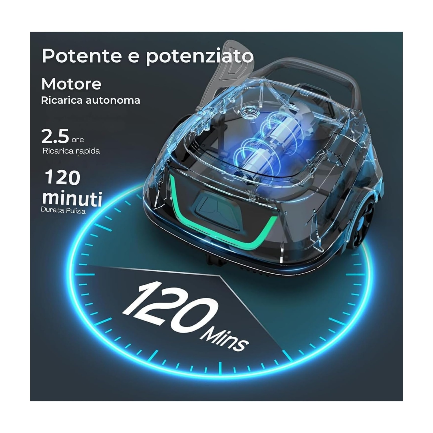 Un aspirapolvere trasparente con bobine blu luminose e timer da 120 minuti.