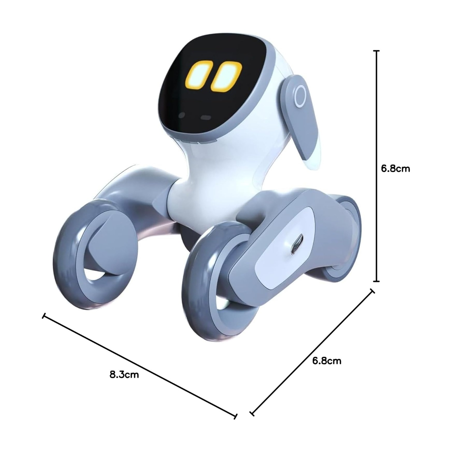 Un robot bianco e grigio con ruote e occhi gialli su sfondo nero.