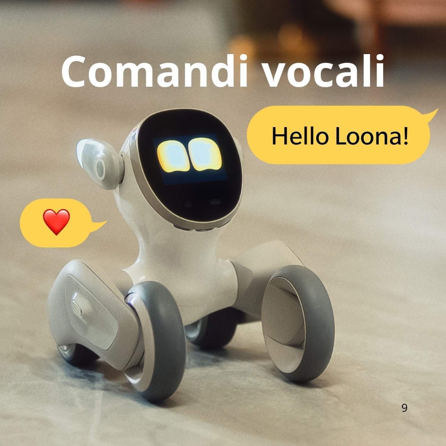 Un robot bianco con uno schermo che mostra due occhi, con un'icona a forma di cuore.