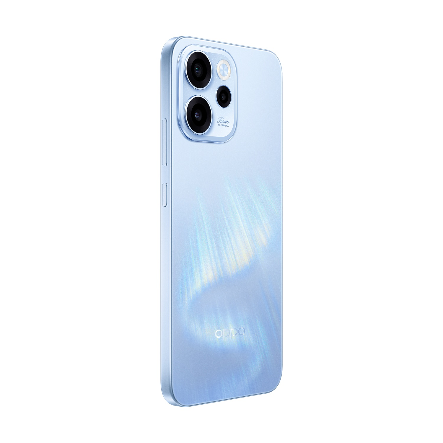 Mostrato uno smartphone azzurro con tripla fotocamera e logo Oppo.