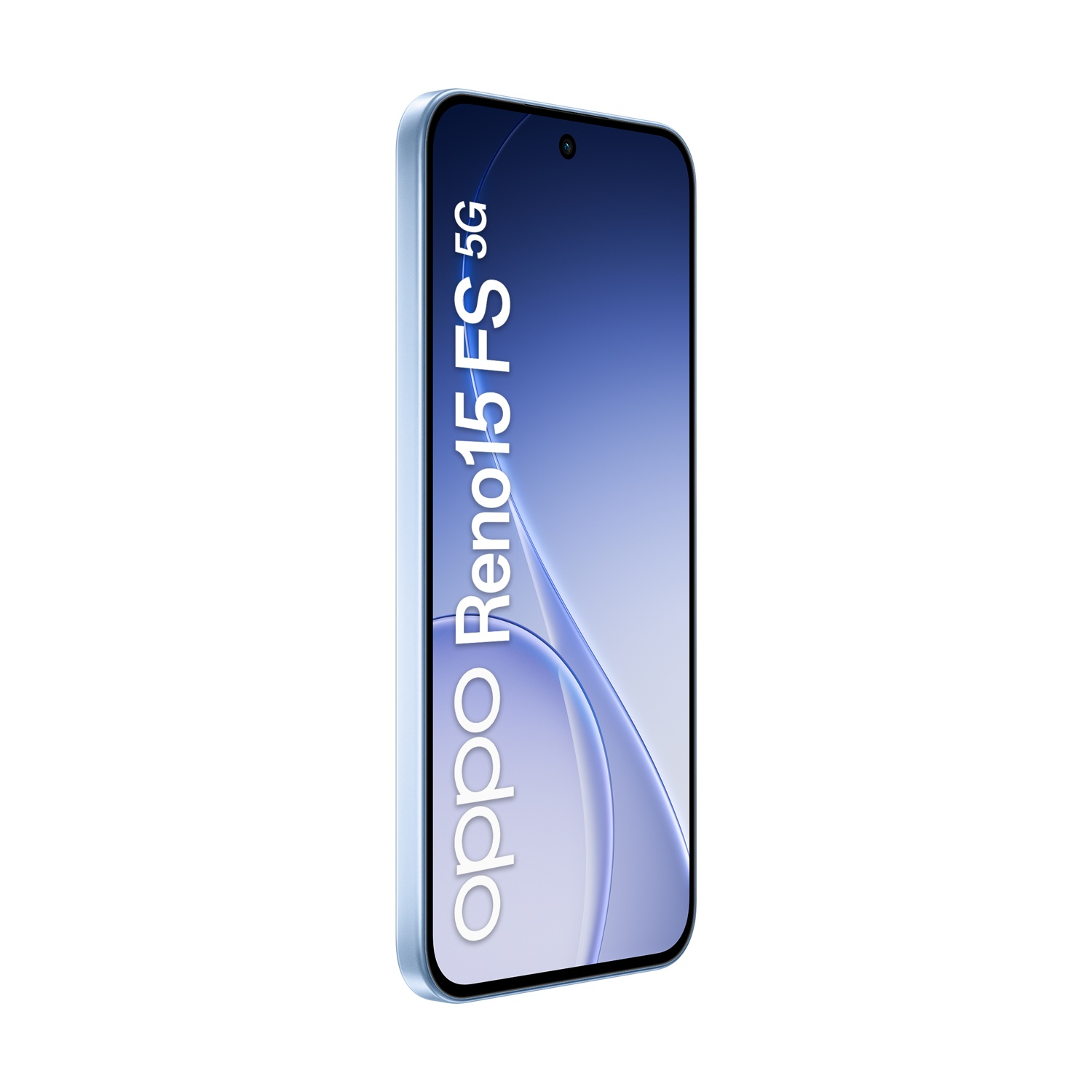 Uno smartphone azzurro con testo Oppo Reno15 FS 5G.