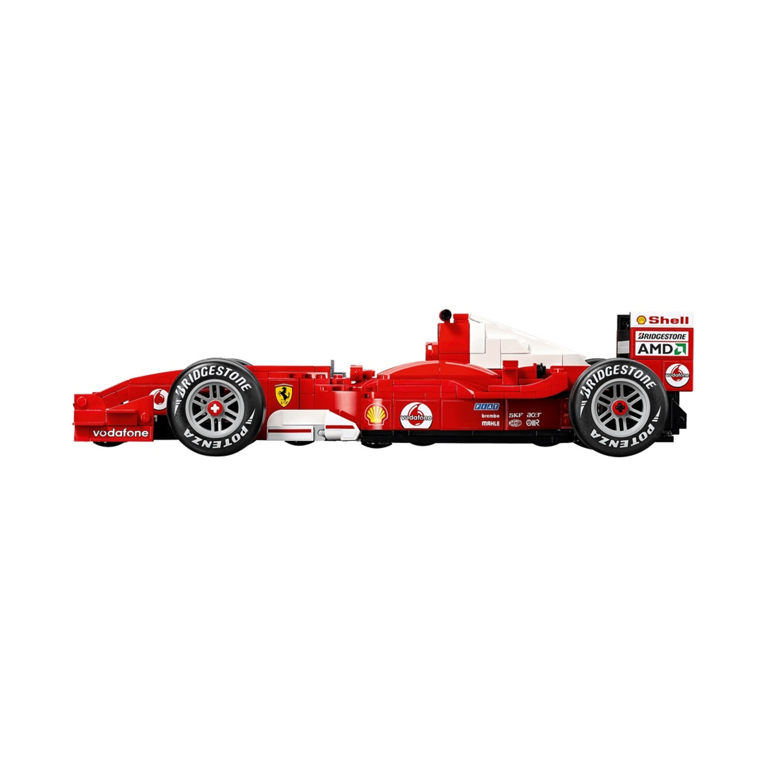 Auto F1 Lego rossa con accenti bianchi e loghi sponsor. Vista laterale.