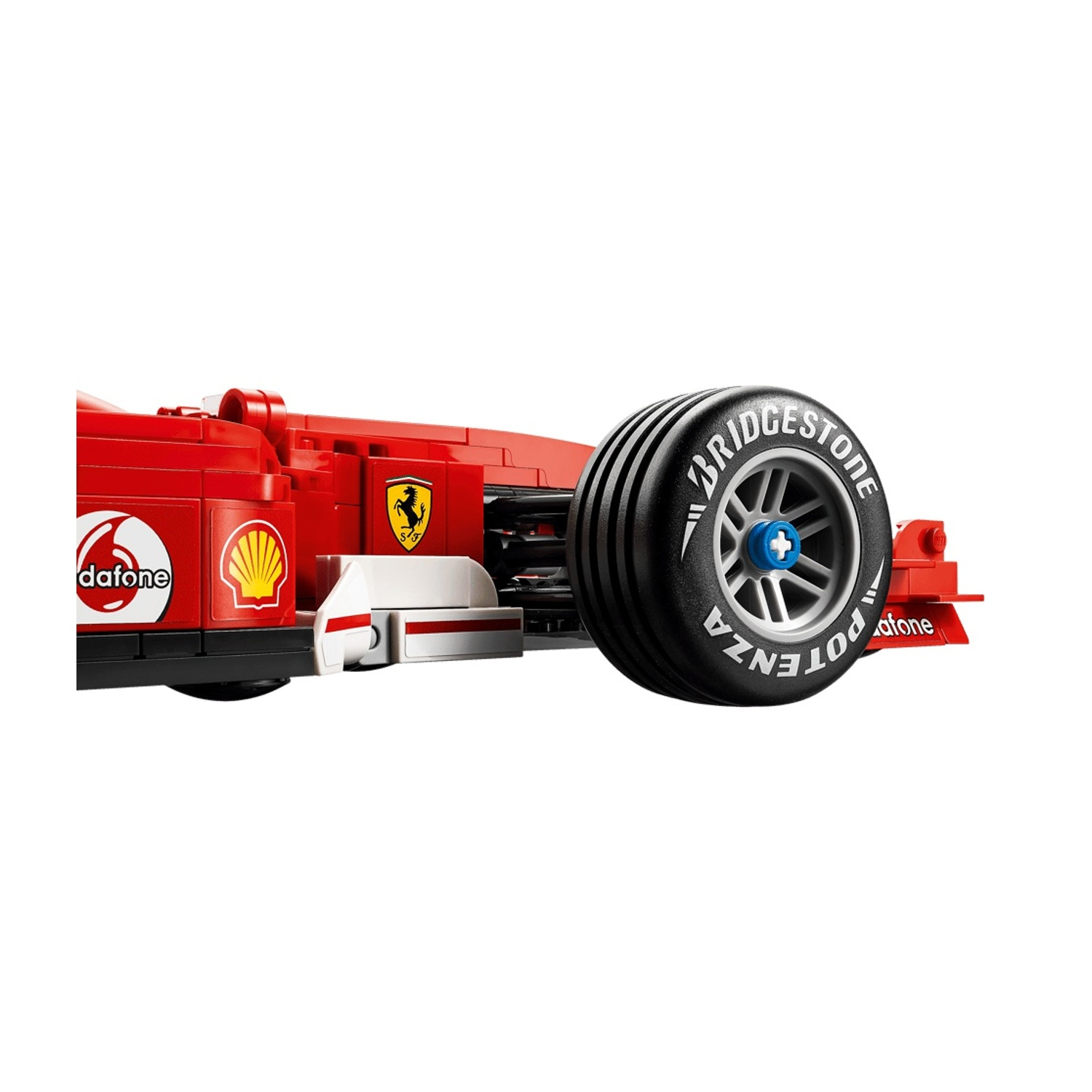 Auto LEGO Formula 1 rossa vista laterale. Gomma Bridgestone Potenza.
