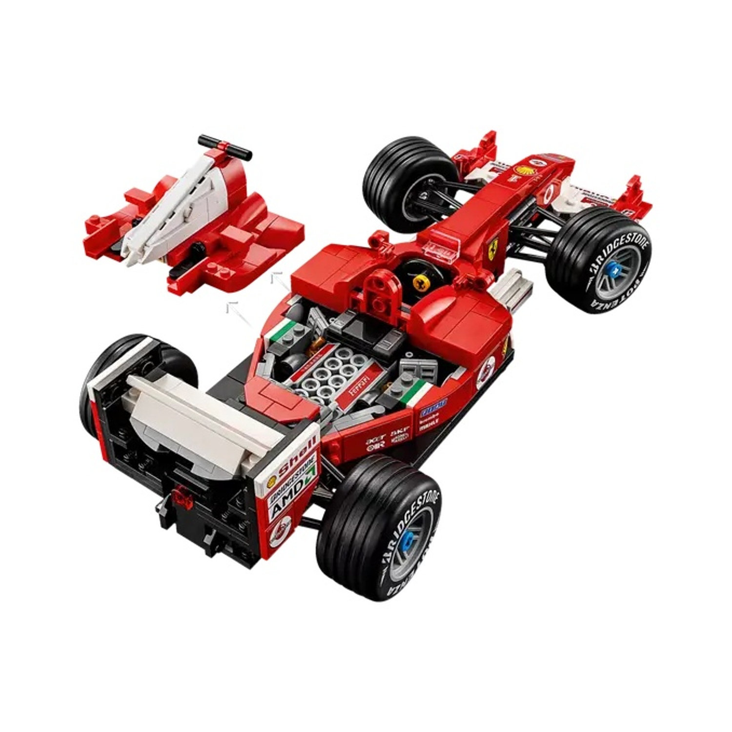 Una monoposto Lego rossa con un pezzo rosso e bianco più piccolo accanto.