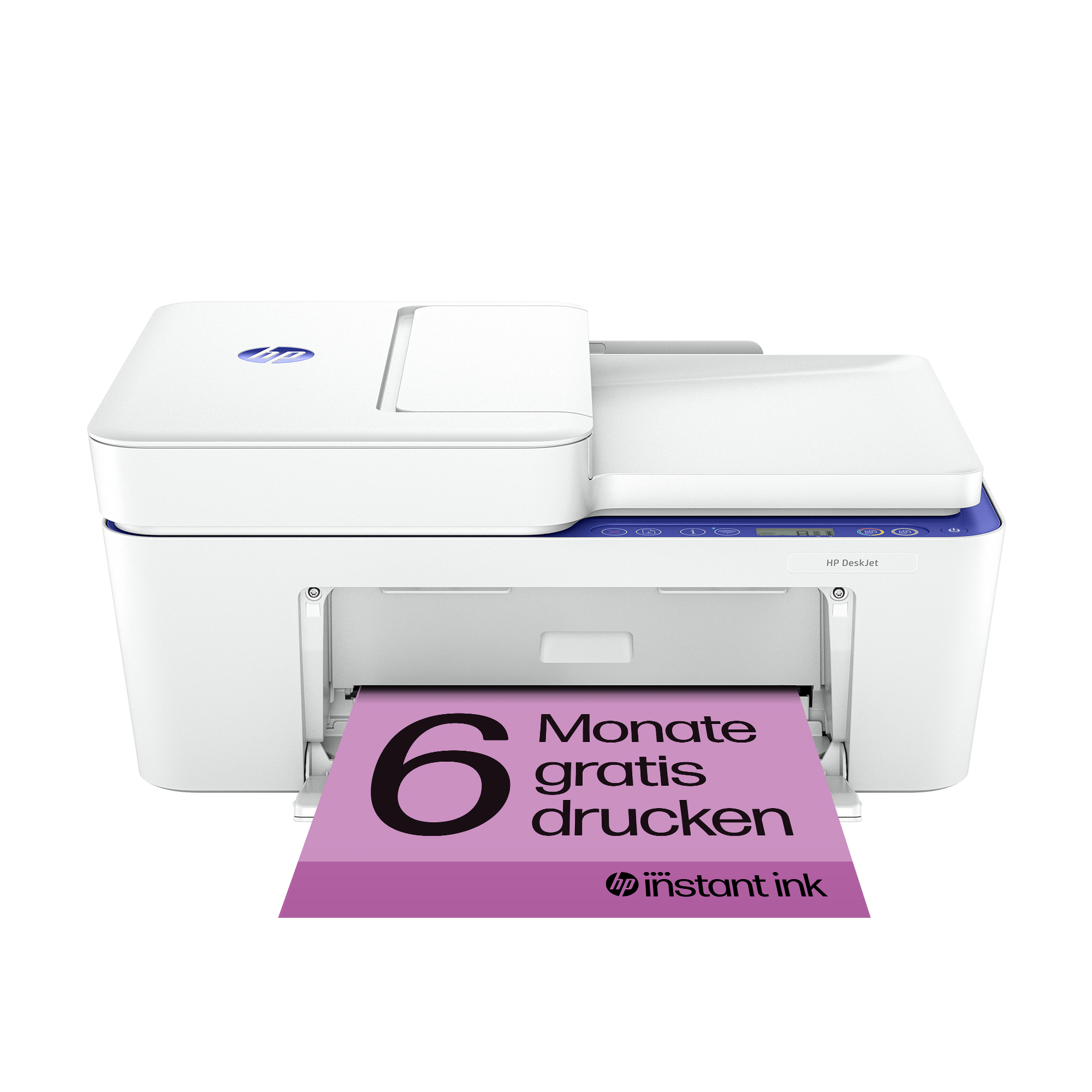 Weißer HP DeskJet Drucker mit blauer Umrandung, druckt ein pinkes Blatt.