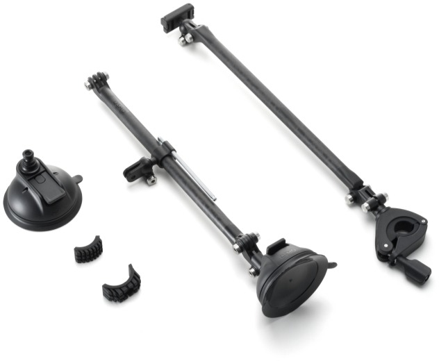 Two black camera poles with suction cups and clamps on a white background.