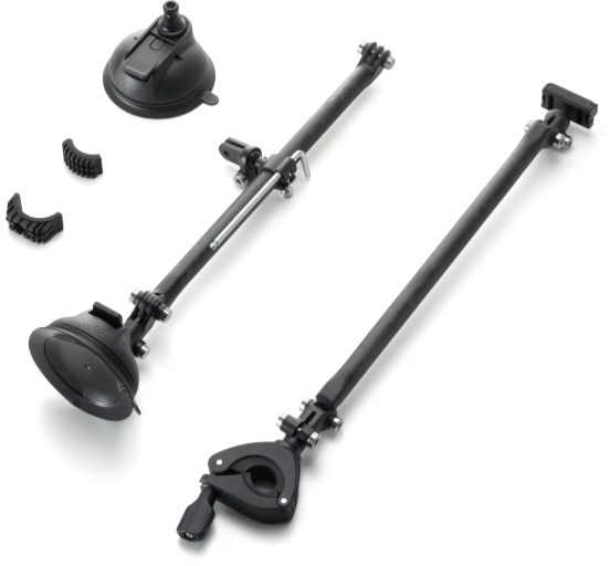 A black camera accessory set with suction cups, clamps, and extension poles.