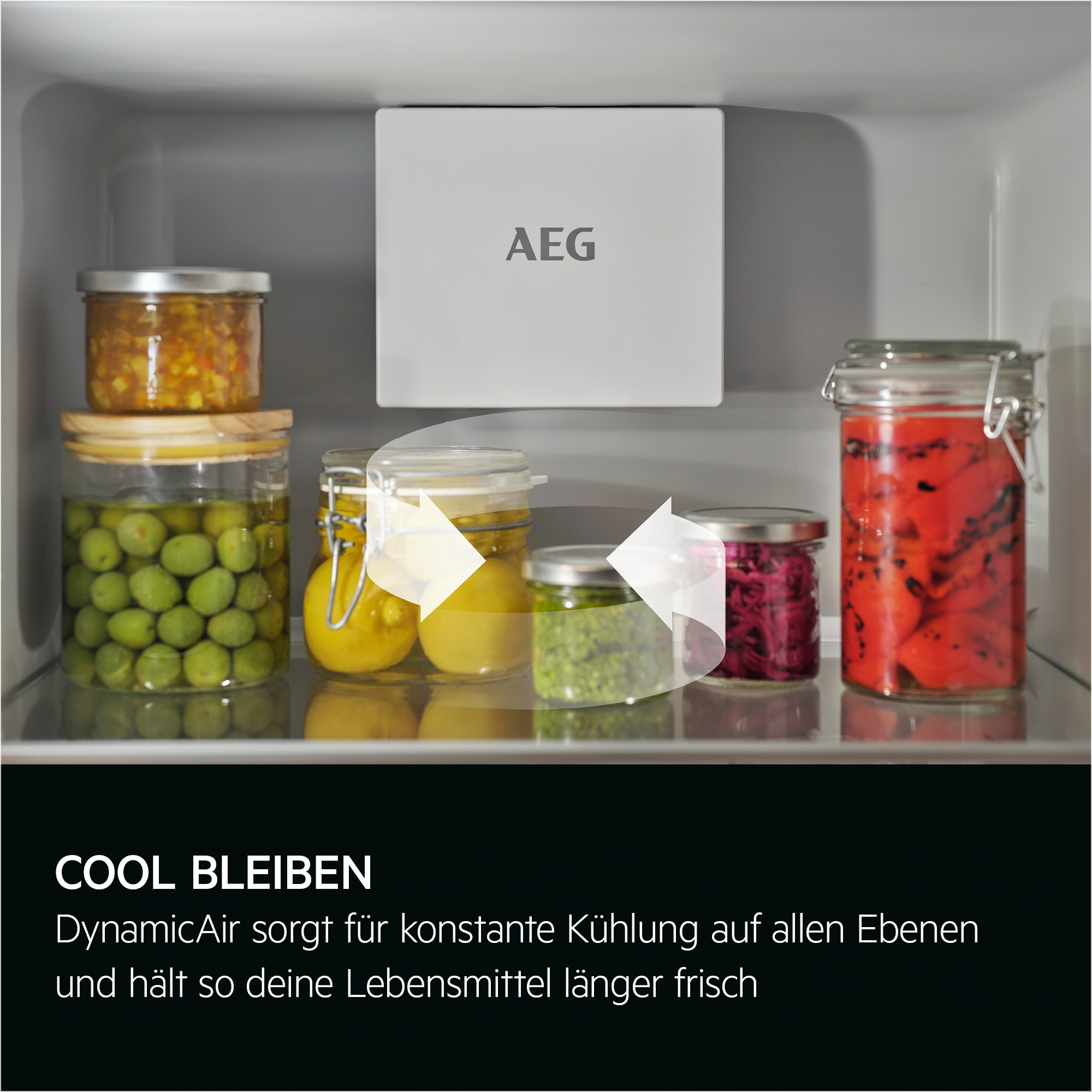 Gläser mit Lebensmitteln im Kühlschrank vor AEG-Lüfter.