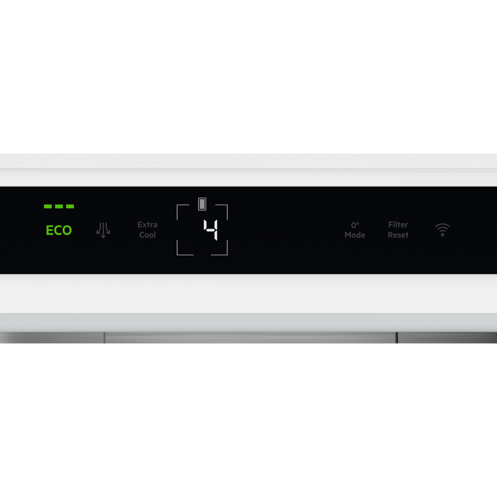 Display zeigt ECO, Extra Cool, 4, 0 Grad Modus, Filter Reset und WLAN-Symbol.