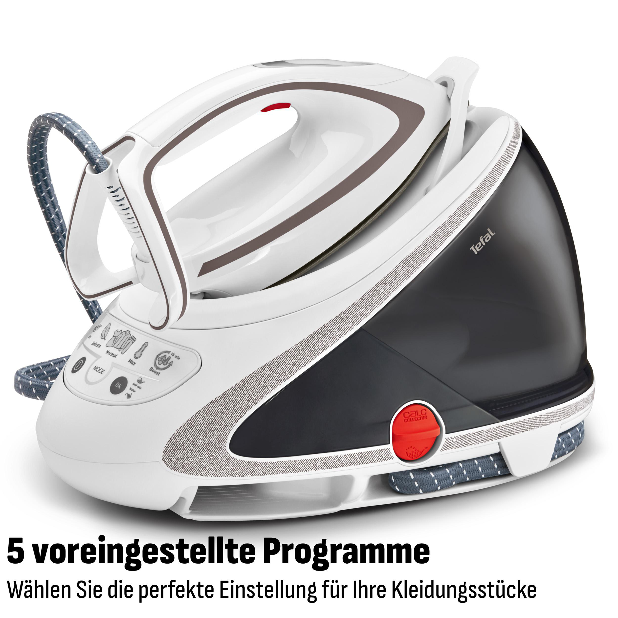 Ein weißer Dampfbügeleisen mit schwarzem Wassertank und silbernen Akzenten.