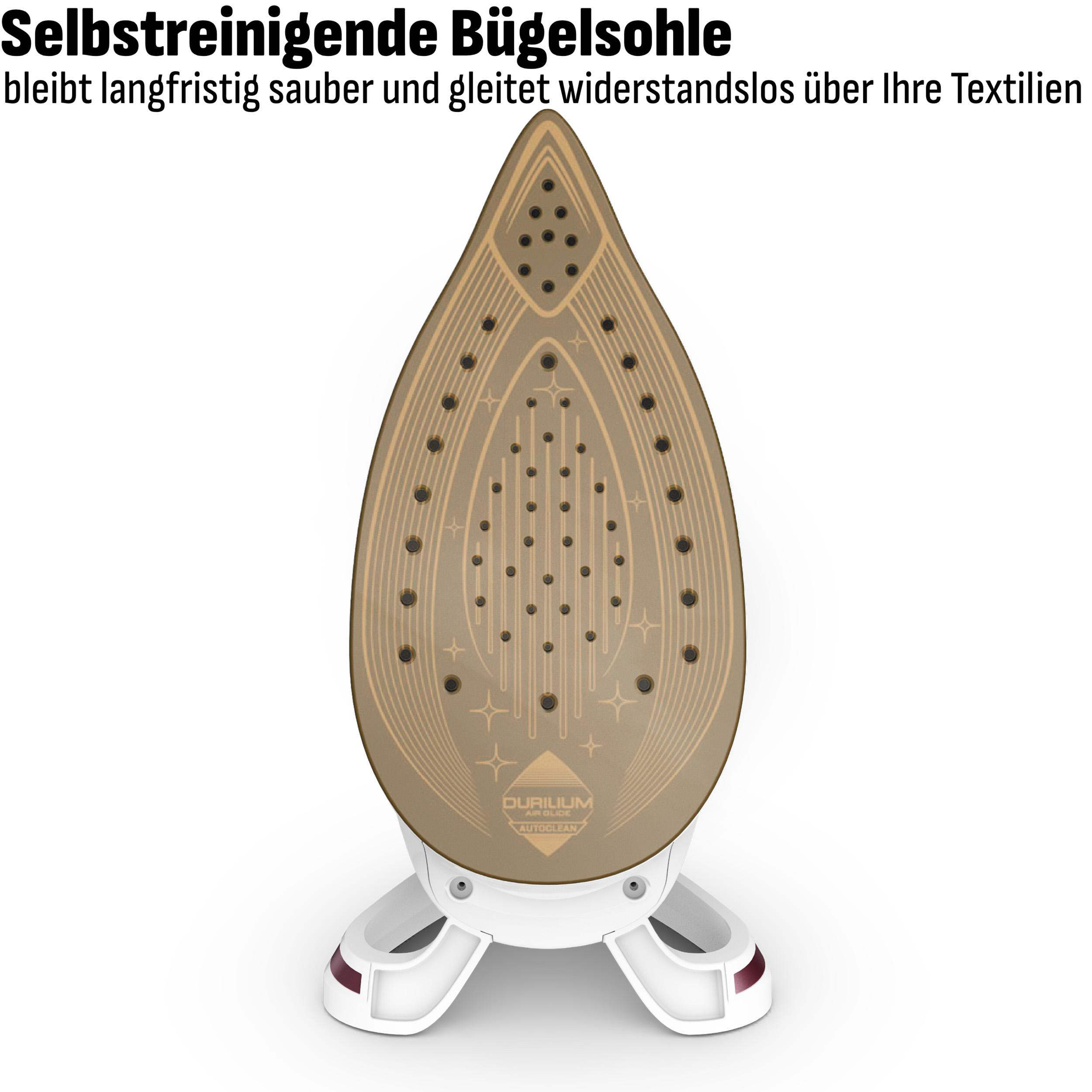 Goldene Bügelsohle mit Dampflöchern und Stegen auf weißem Grund.