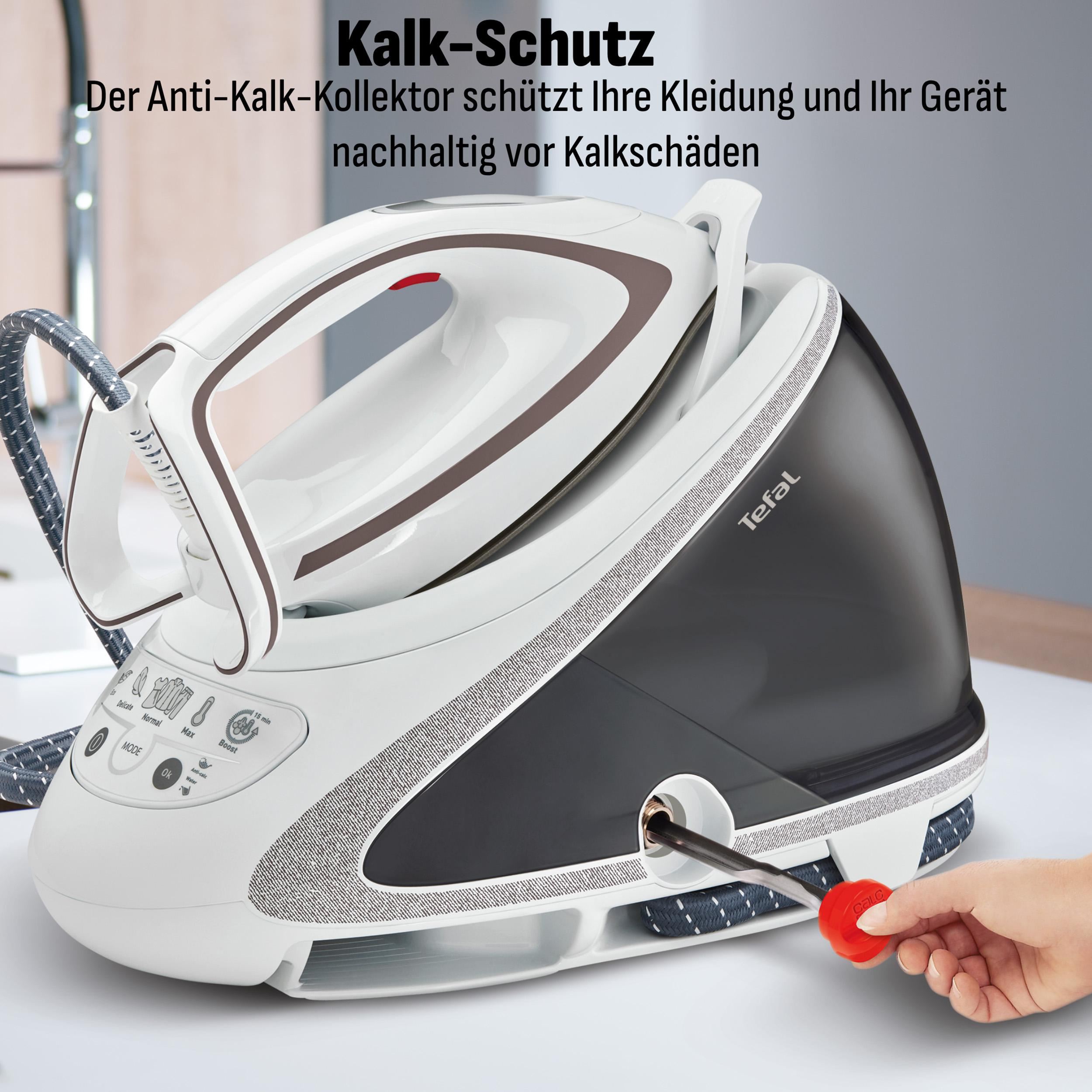 Tefal Bügeleisen mit Kalkschutz-Kollektor und rotem Entkalkungsstopfen.