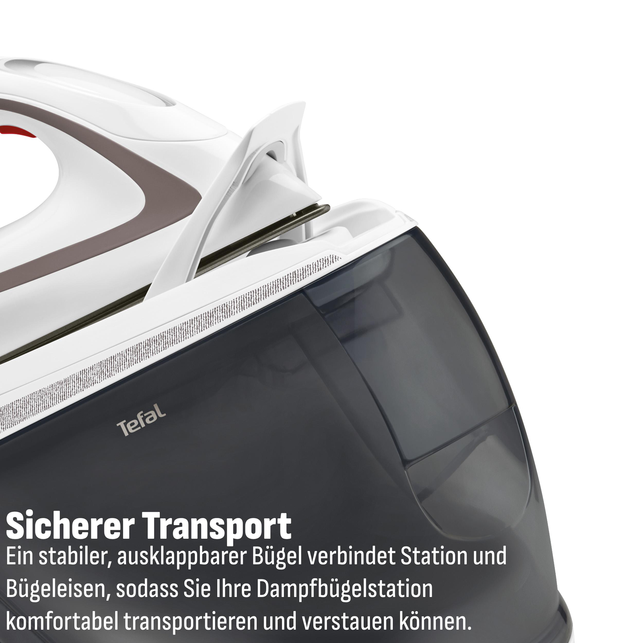 Ein weißes und graues Dampfbügeleisen mit einem transparenten Wassertank.