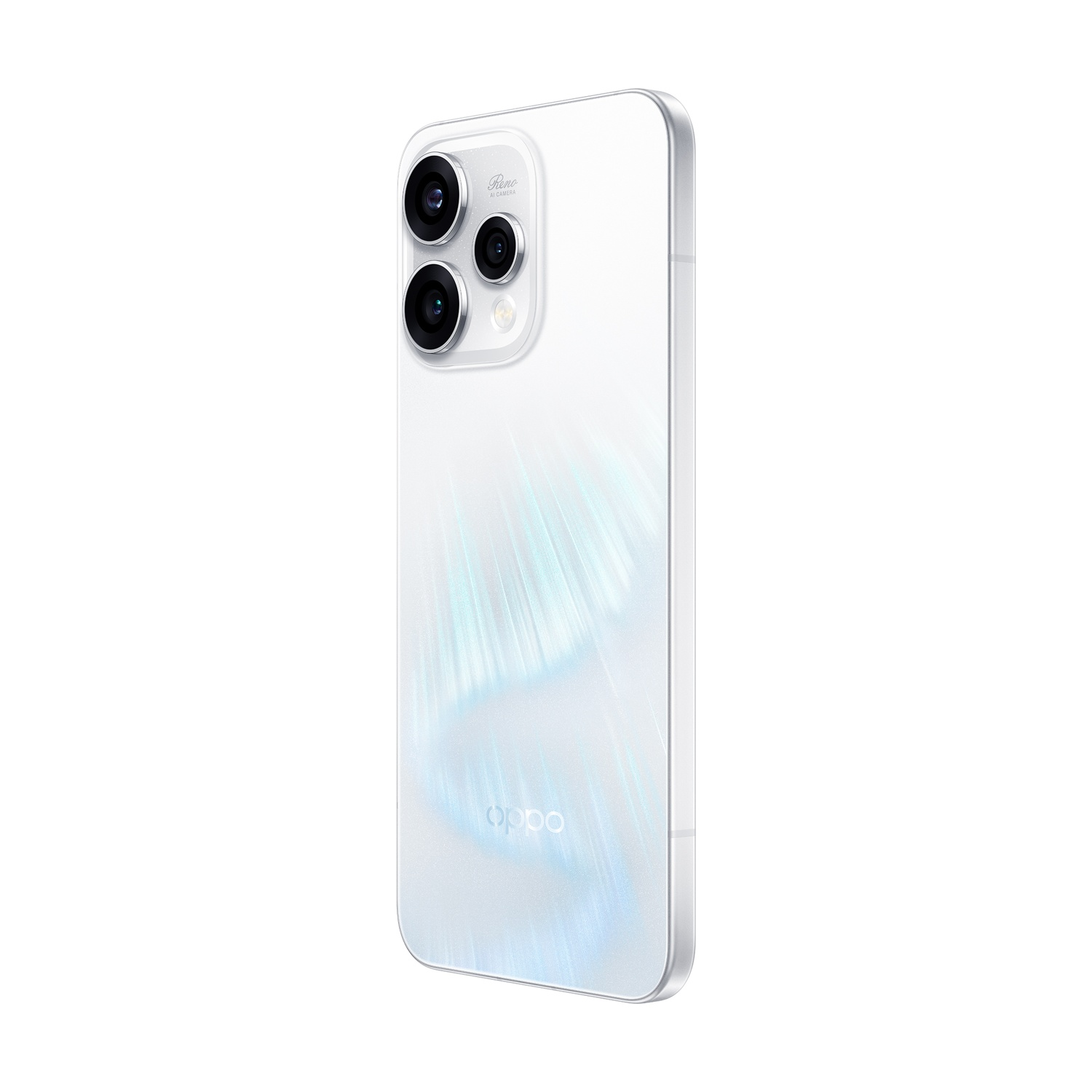Uno smartphone bianco con tre fotocamere e un logo Oppo.