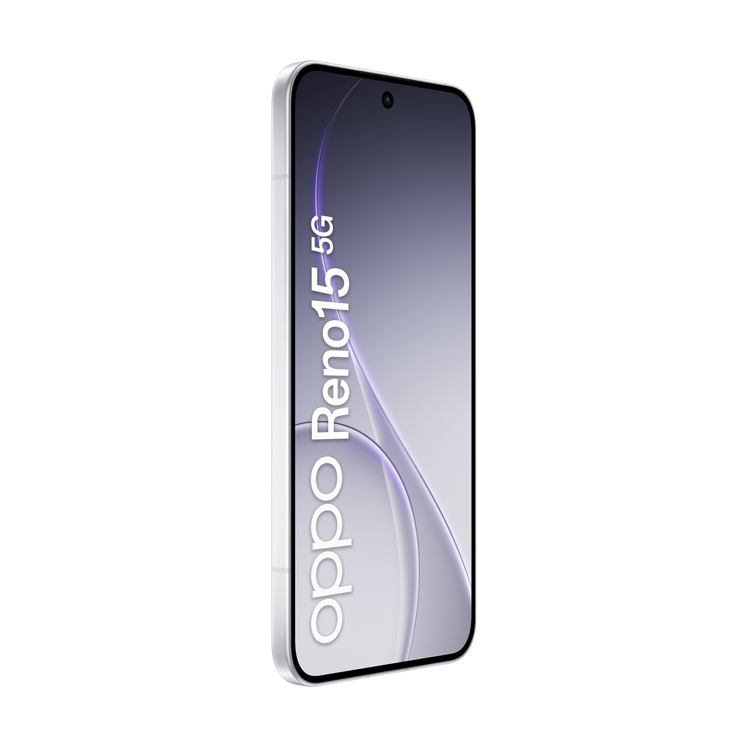 Uno smartphone Oppo Reno 15 5G argentato con un motivo a onde minimalista sullo schermo.