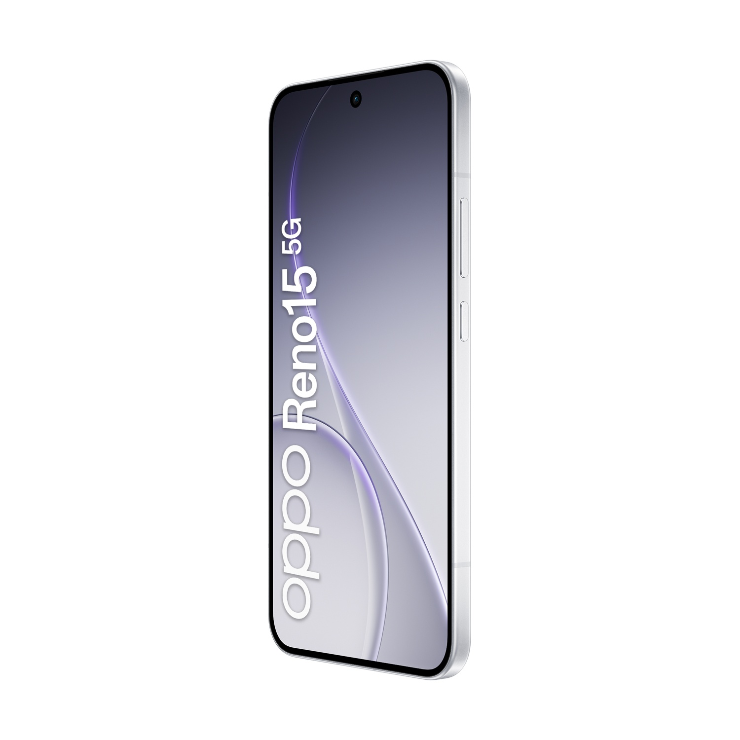 Smartphone argentato con logo "oppo Reno15 5G" sullo schermo.