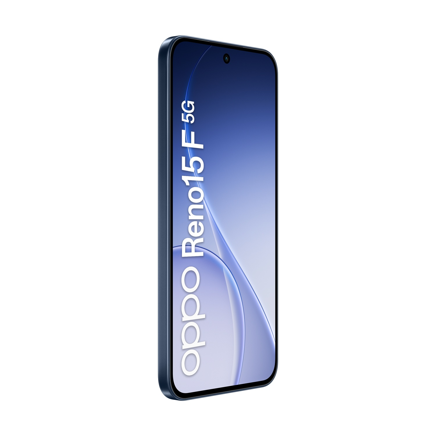 Uno smartphone OPPO Reno15 5G blu scuro su sfondo bianco.