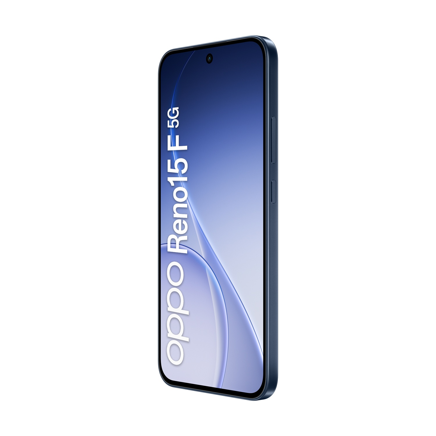 Smartphone Oppo Reno15 5G blu scuro con testo bianco sullo schermo.
