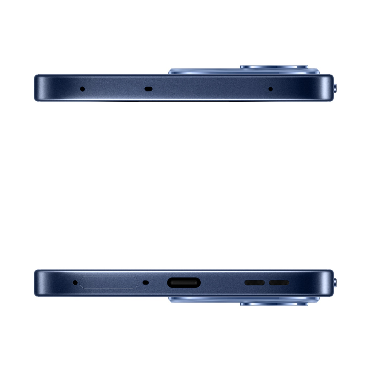 Bordo blu scuro smartphone con microfoni e porta di ricarica.