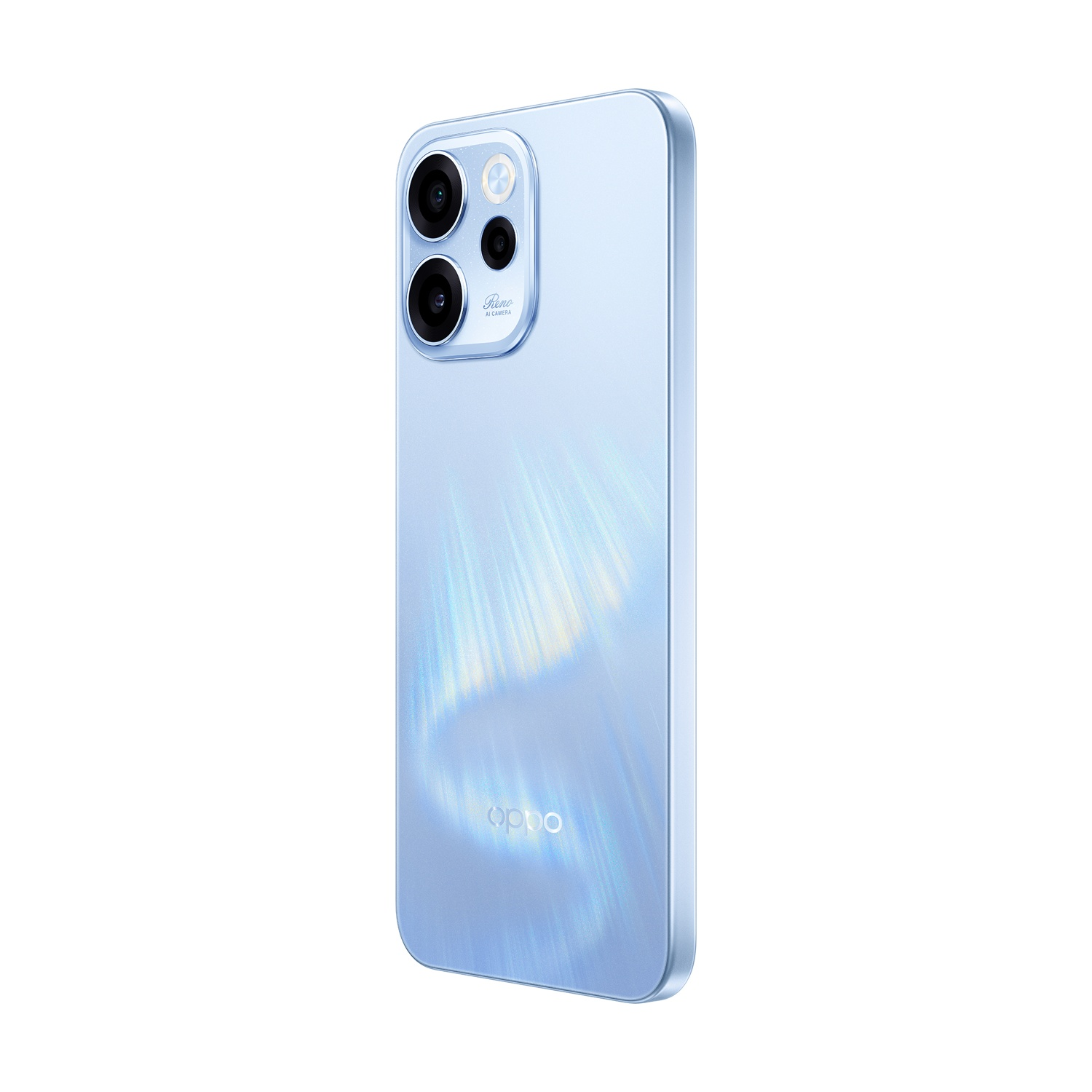 Uno smartphone azzurro con tre fotocamere posteriori e il logo Oppo.