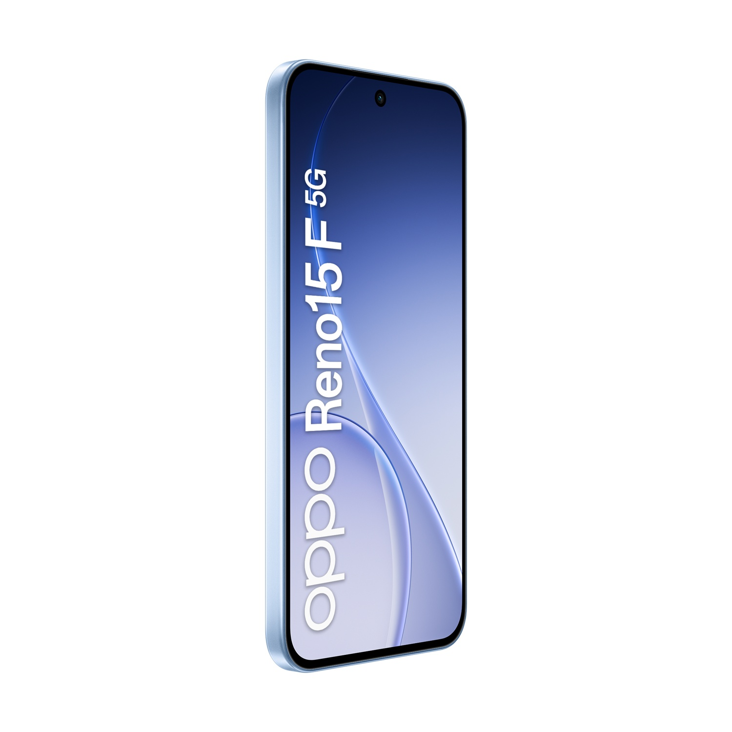 Uno smartphone azzurro con testo "oppo Reno15 F 5G" sullo schermo.