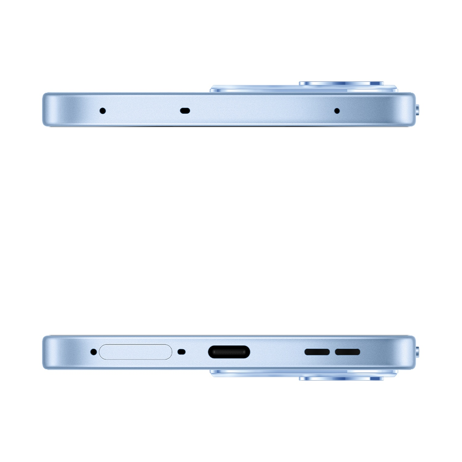 Uno smartphone azzurro è mostrato dalle viste superiore e inferiore.