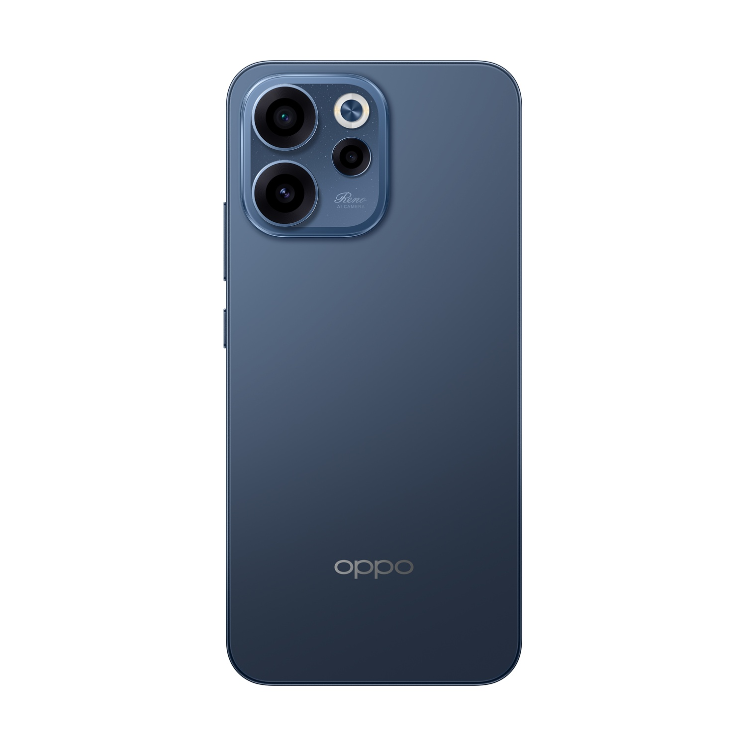 Smartphone blu scuro con modulo fotocamera e logo OPPO sul retro.