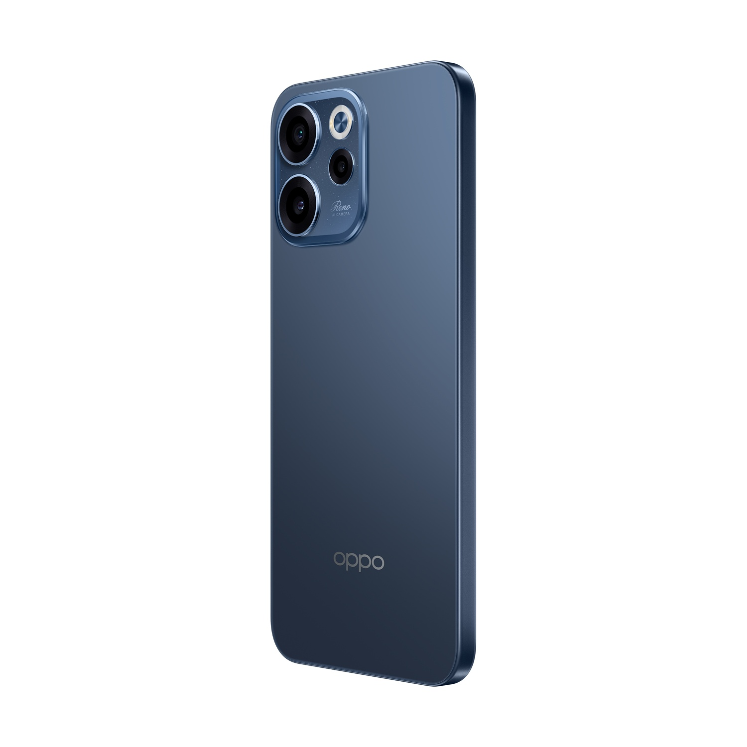 Smartphone blu scuro con tripla fotocamera posteriore e logo OPPO.
