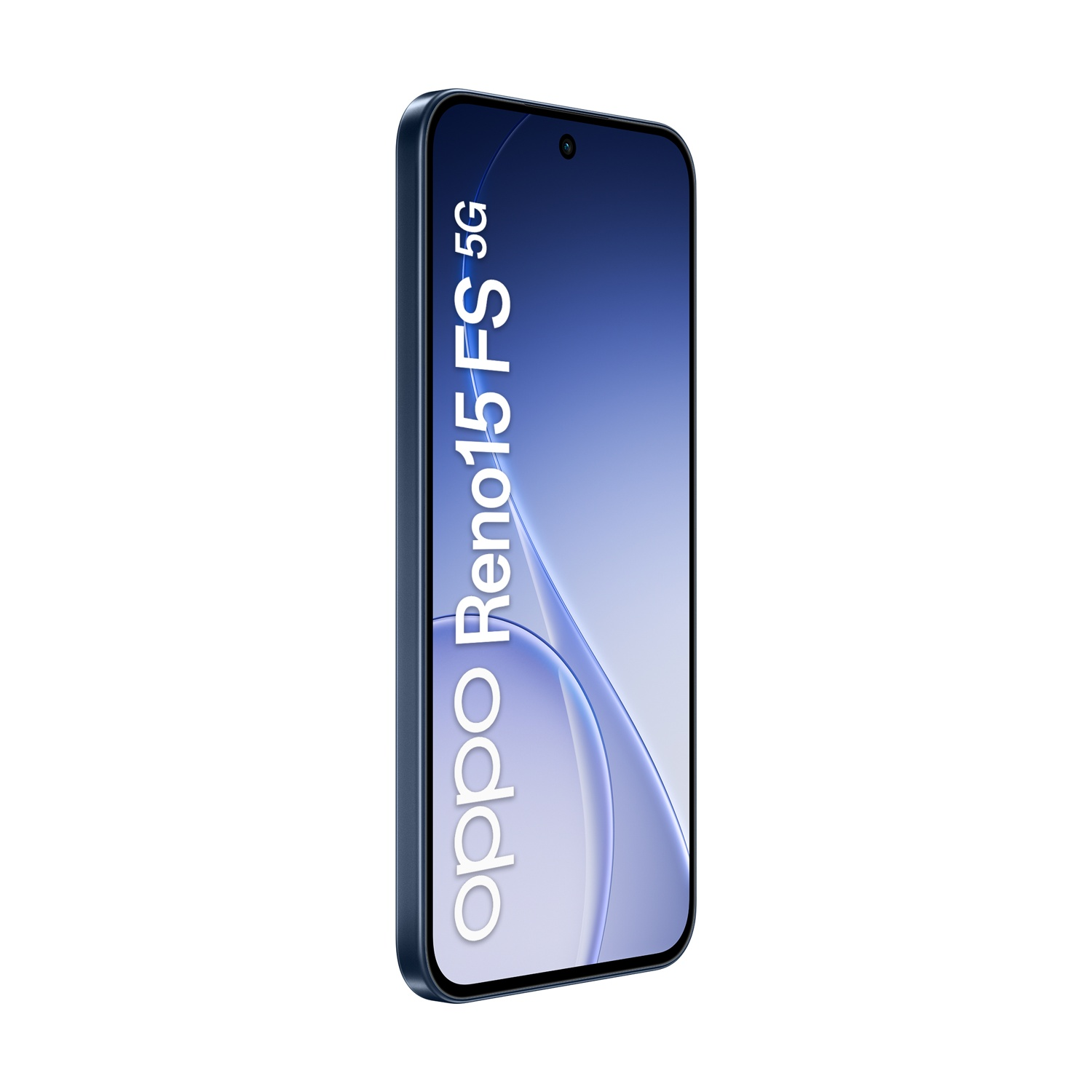 Smartphone Oppo Reno15 5G blu scuro, verticale, con grafica blu sullo schermo.
