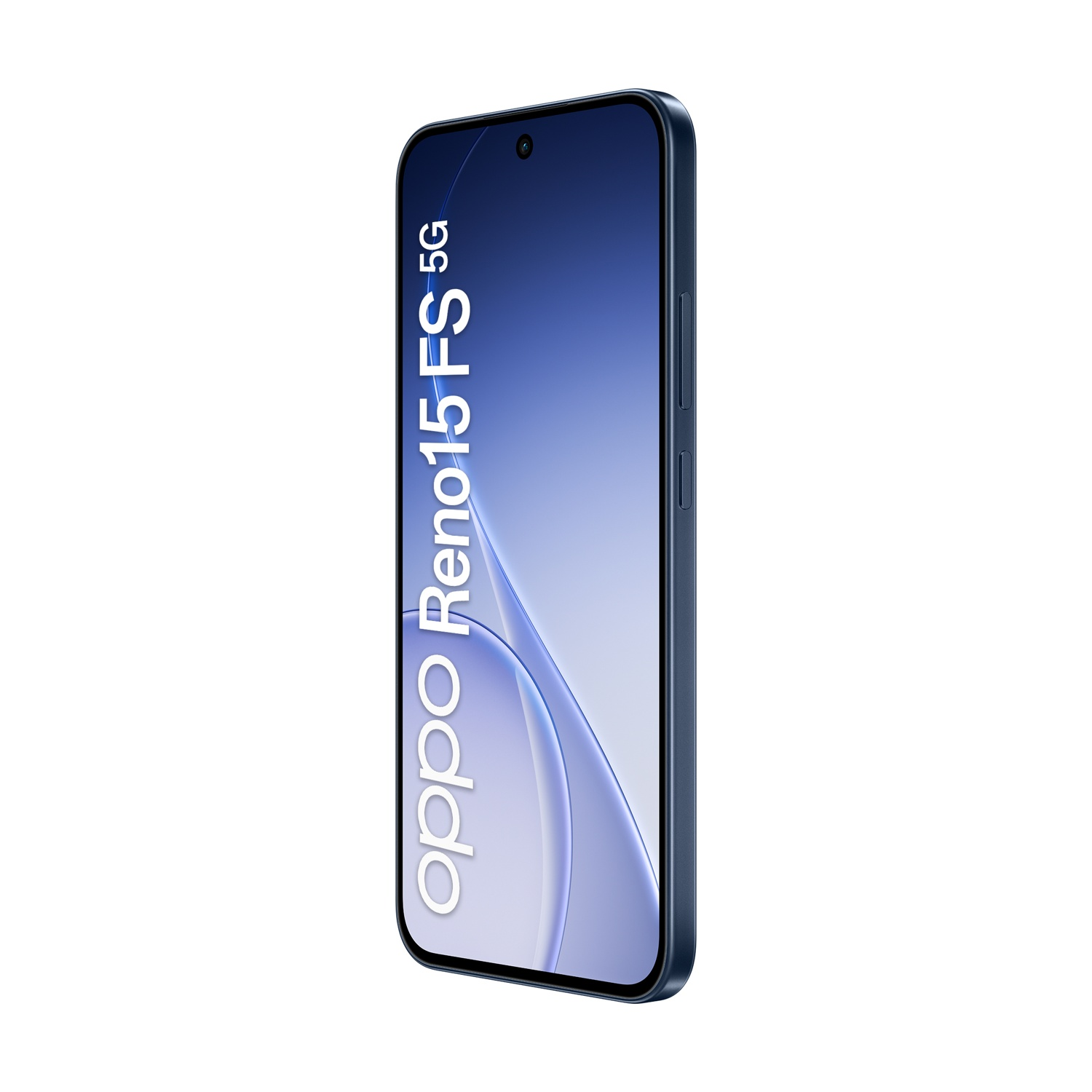 Uno smartphone Oppo Reno15 5G blu scuro su sfondo bianco, vista laterale.