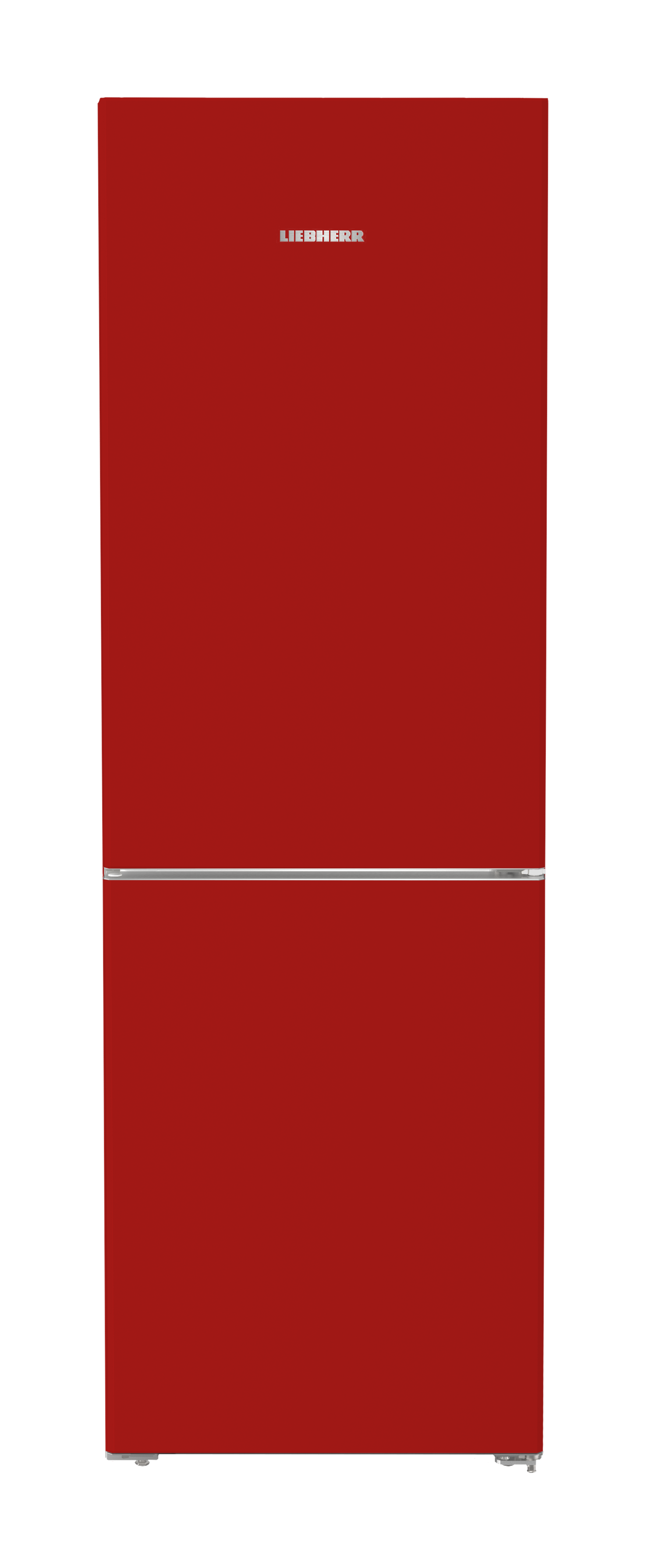 Ein roter Kühlschrank mit silbernem Griff und Logo.