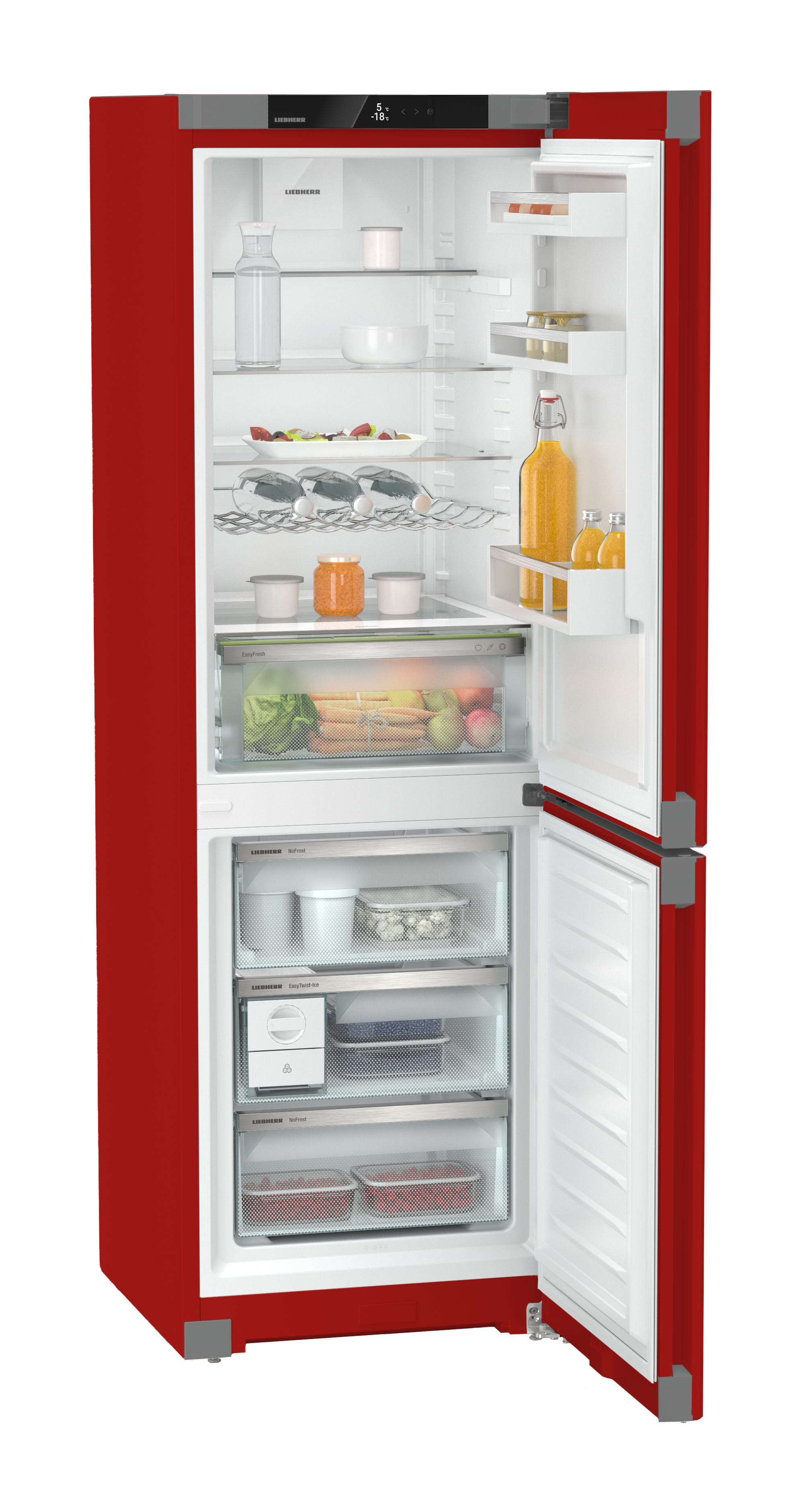 Ein roter Kühlschrank ist geöffnet und zeigt Lebensmittel wie Obst, Gemüse und Getränke.