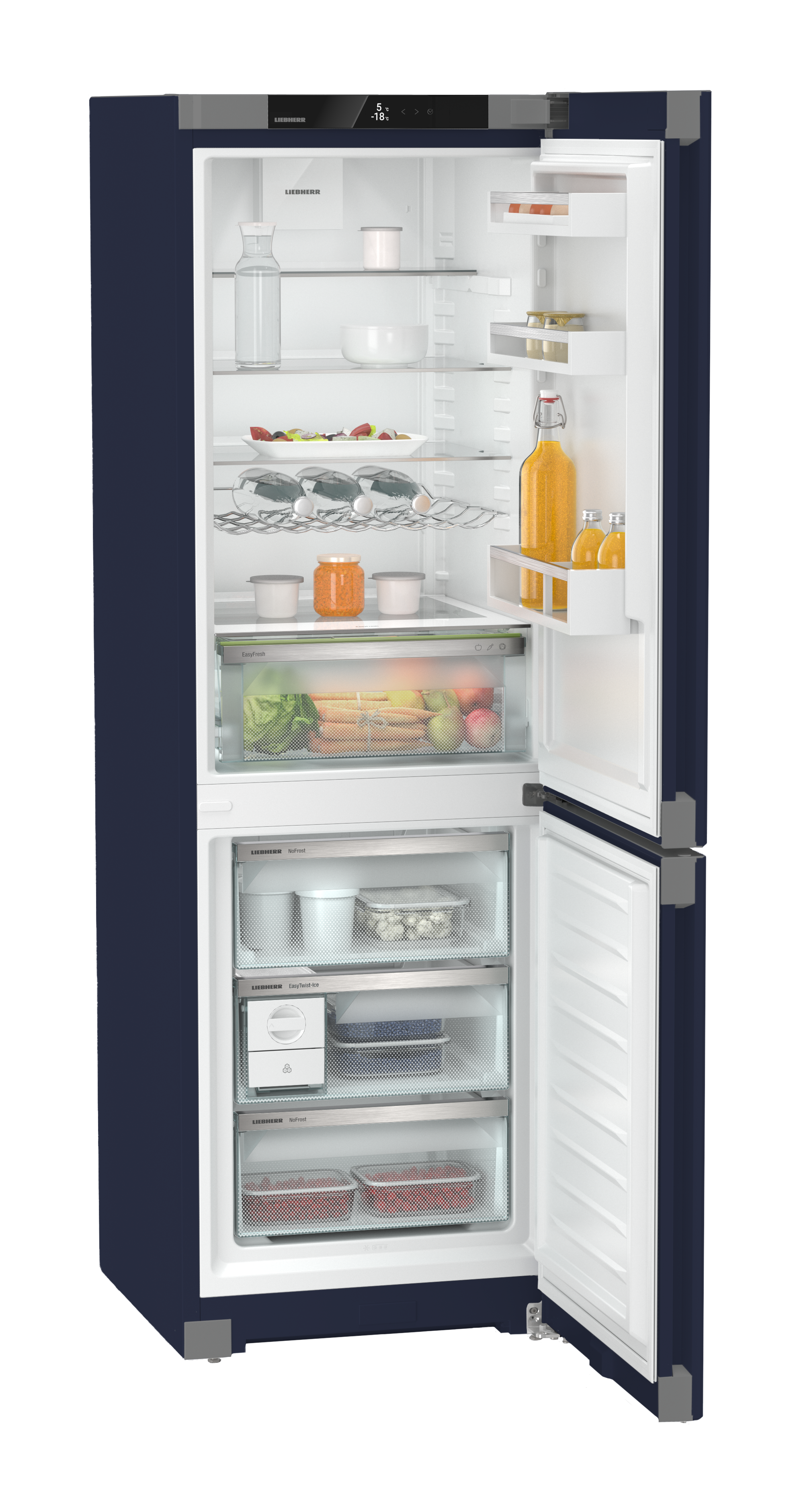 Offener blauer Kühlschrank mit Lebensmitteln und Flaschen.