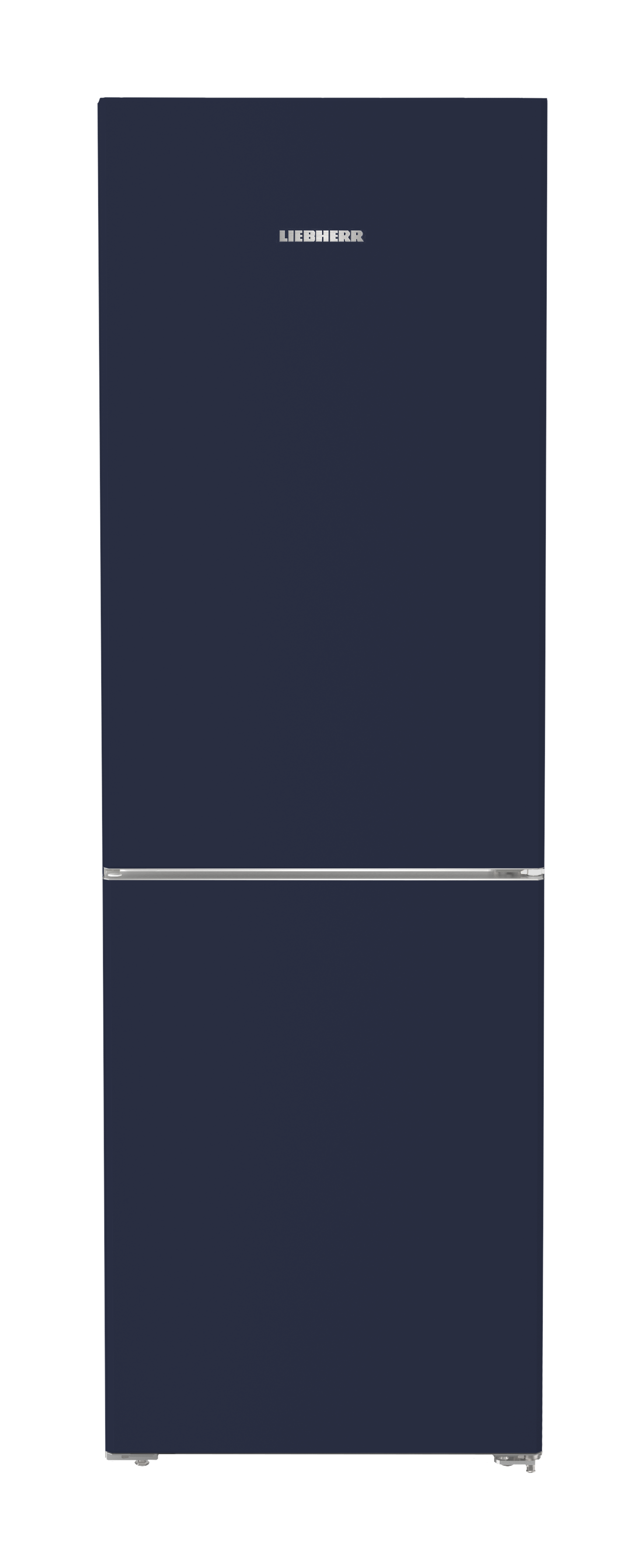 Ein dunkelblauer Kühlschrank mit dem LIEBHERR-Logo oben.