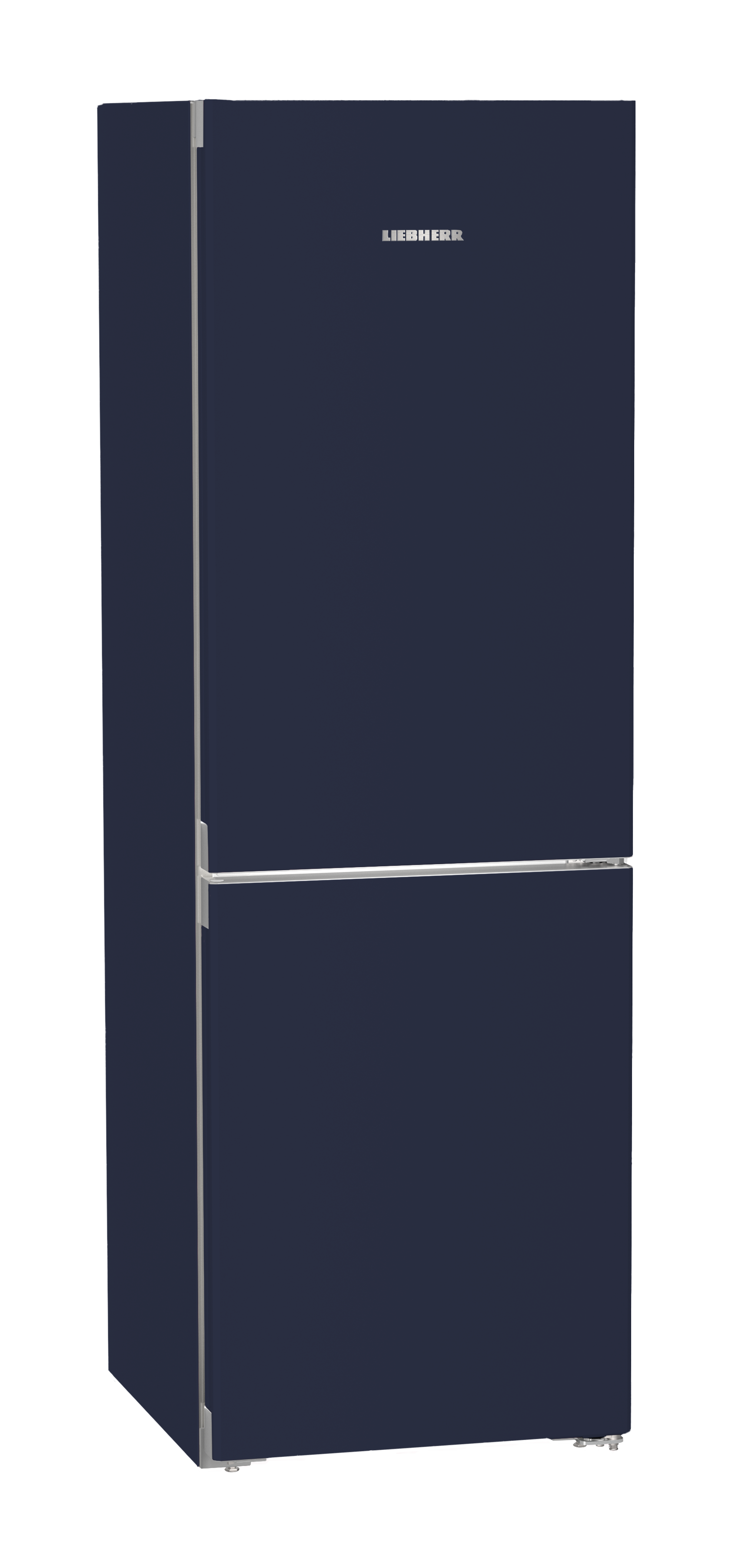 Ein dunkles blaues Liebherr-Kühlschrankmodell mit silbernem Griff.