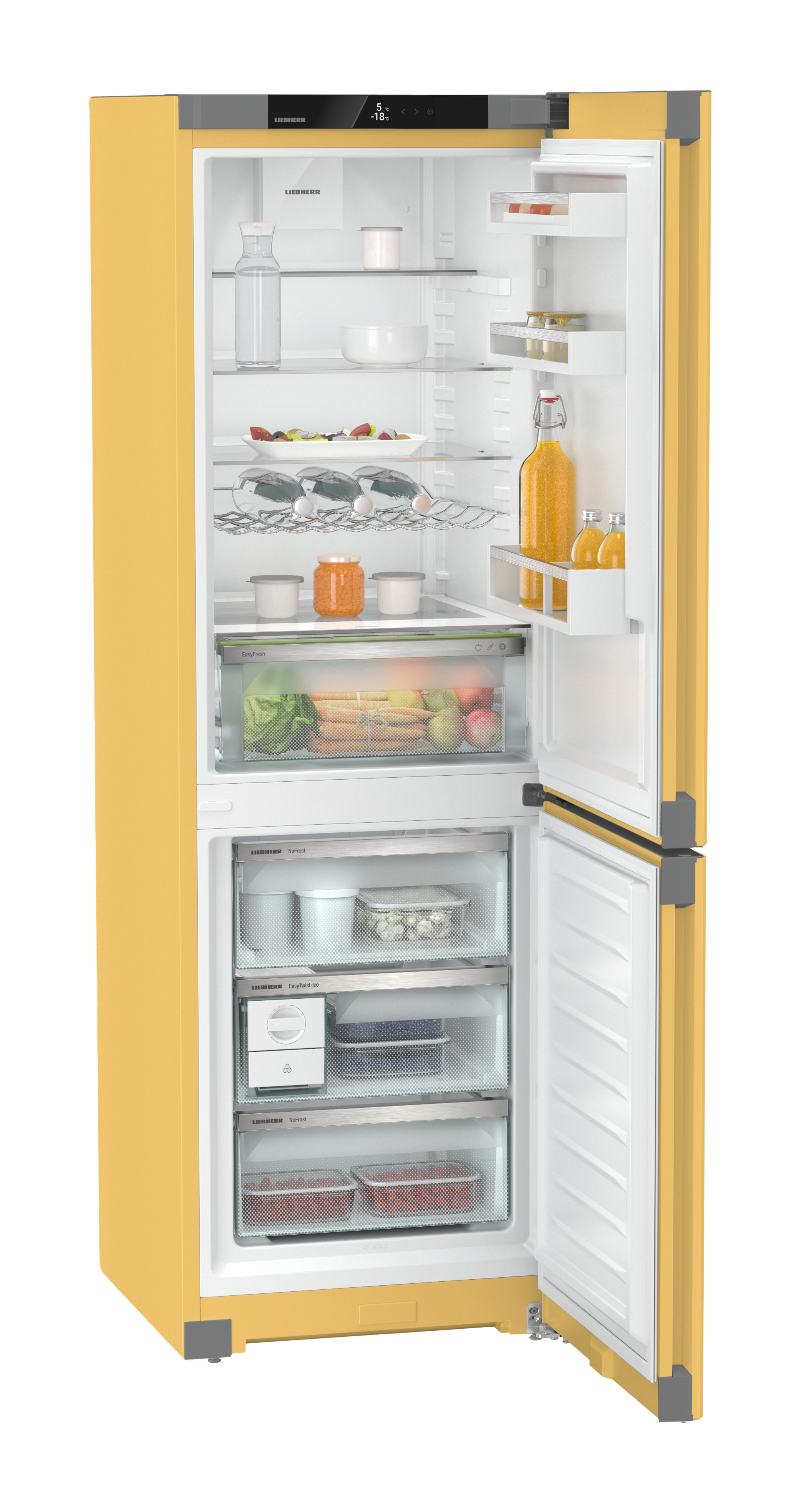 Ein offener gelber Kühlschrank mit Lebensmitteln und Flaschen.
