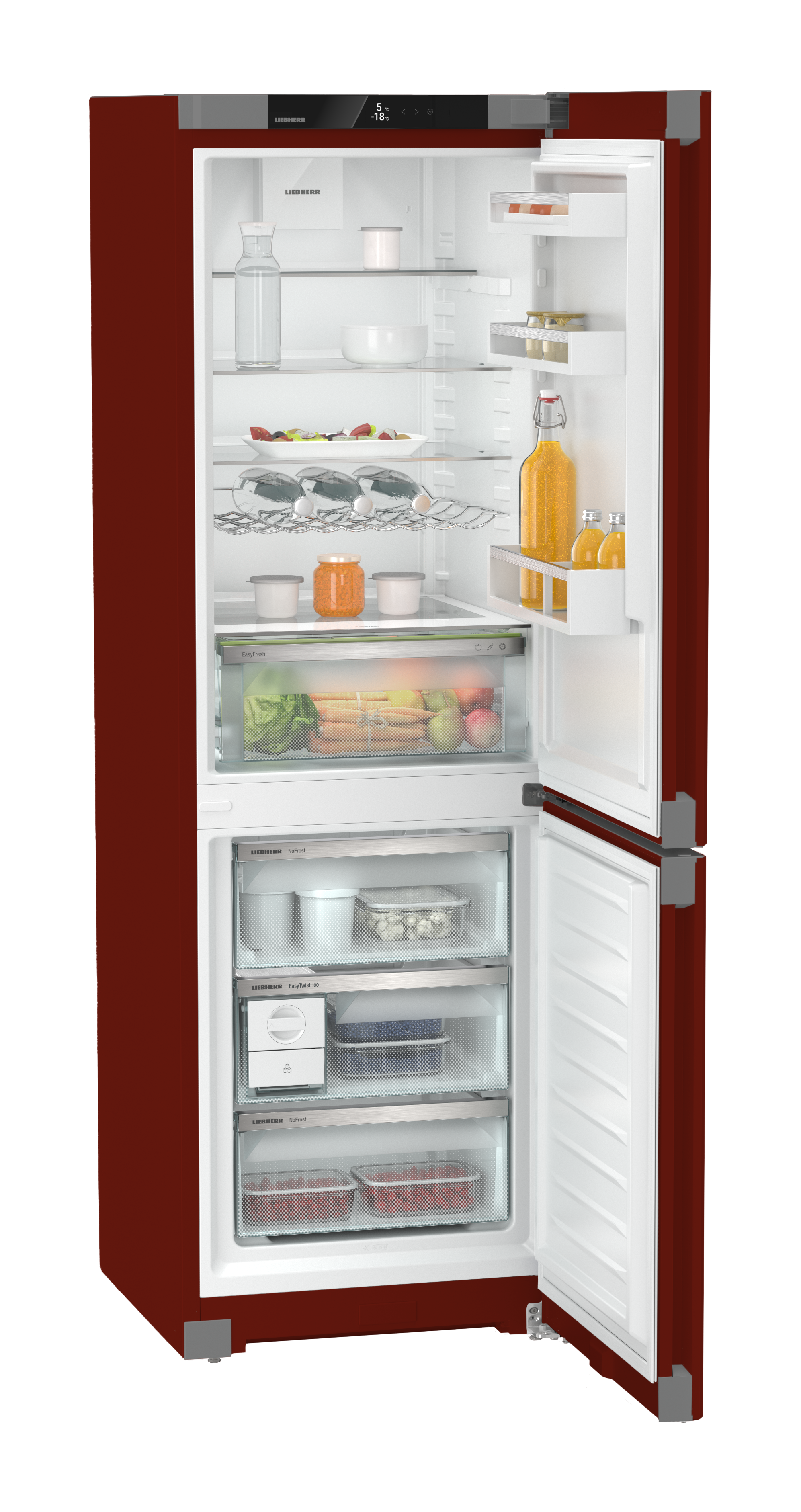 Ein roter Liebherr-Kühlschrank mit geöffneter Tür, gefüllt mit Lebensmitteln.