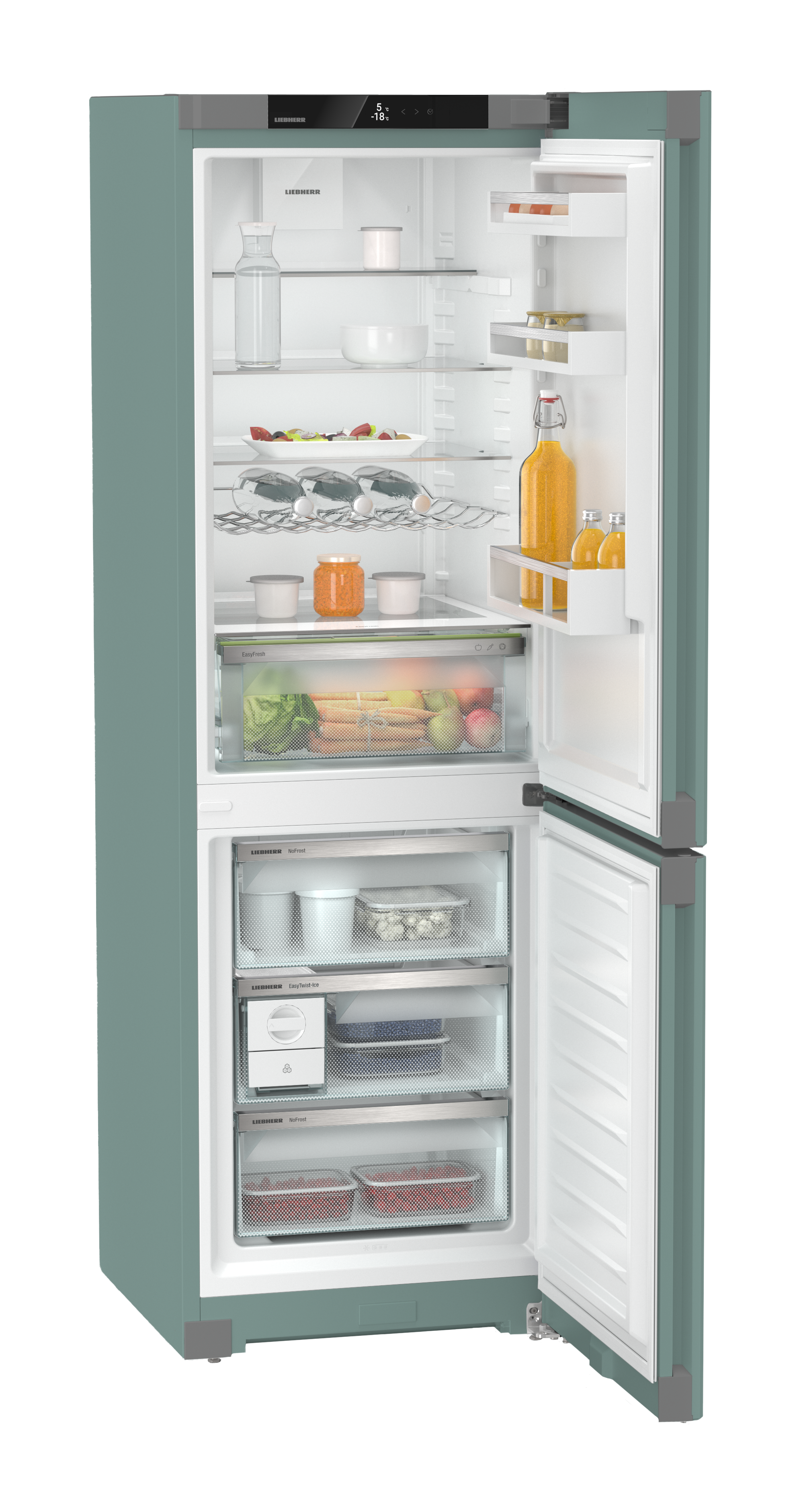 Ein offener, grüner Liebherr-Kühlschrank mit Lebensmitteln.